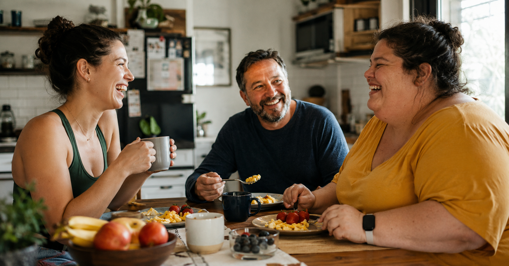 Family laughing over a shared healthy breakfast in a sunny Las Vegas NV kitchen, the real payoff of sustainable weight loss Family laughing over a shared healthy breakfast in a sunny Las Vegas NV kitchen, the real payoff of sustainable weight loss