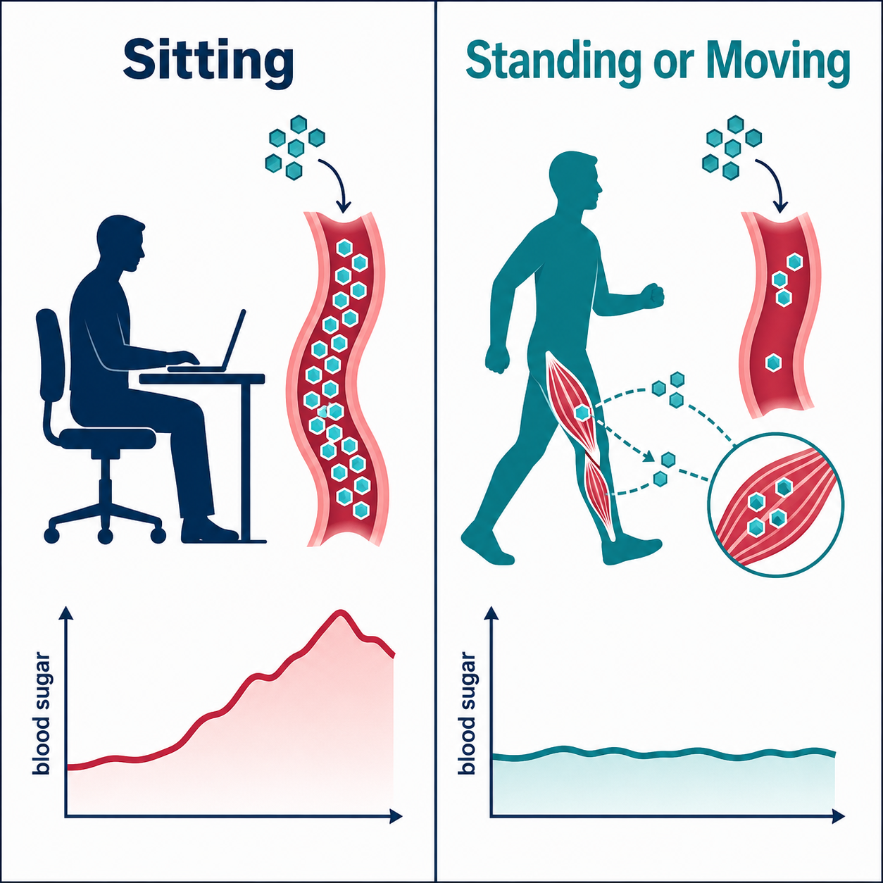diagram showing how muscle movement lowers blood sugar versus prolonged sitting diagram showing how muscle movement lowers blood sugar versus prolonged sitting