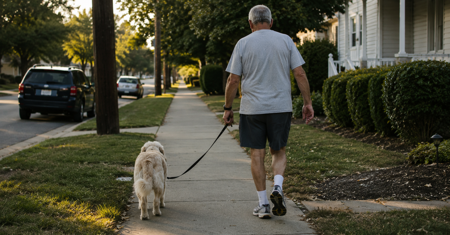 man walking his dog outdoors representing improved energy and circulation man walking his dog outdoors representing improved energy and circulation