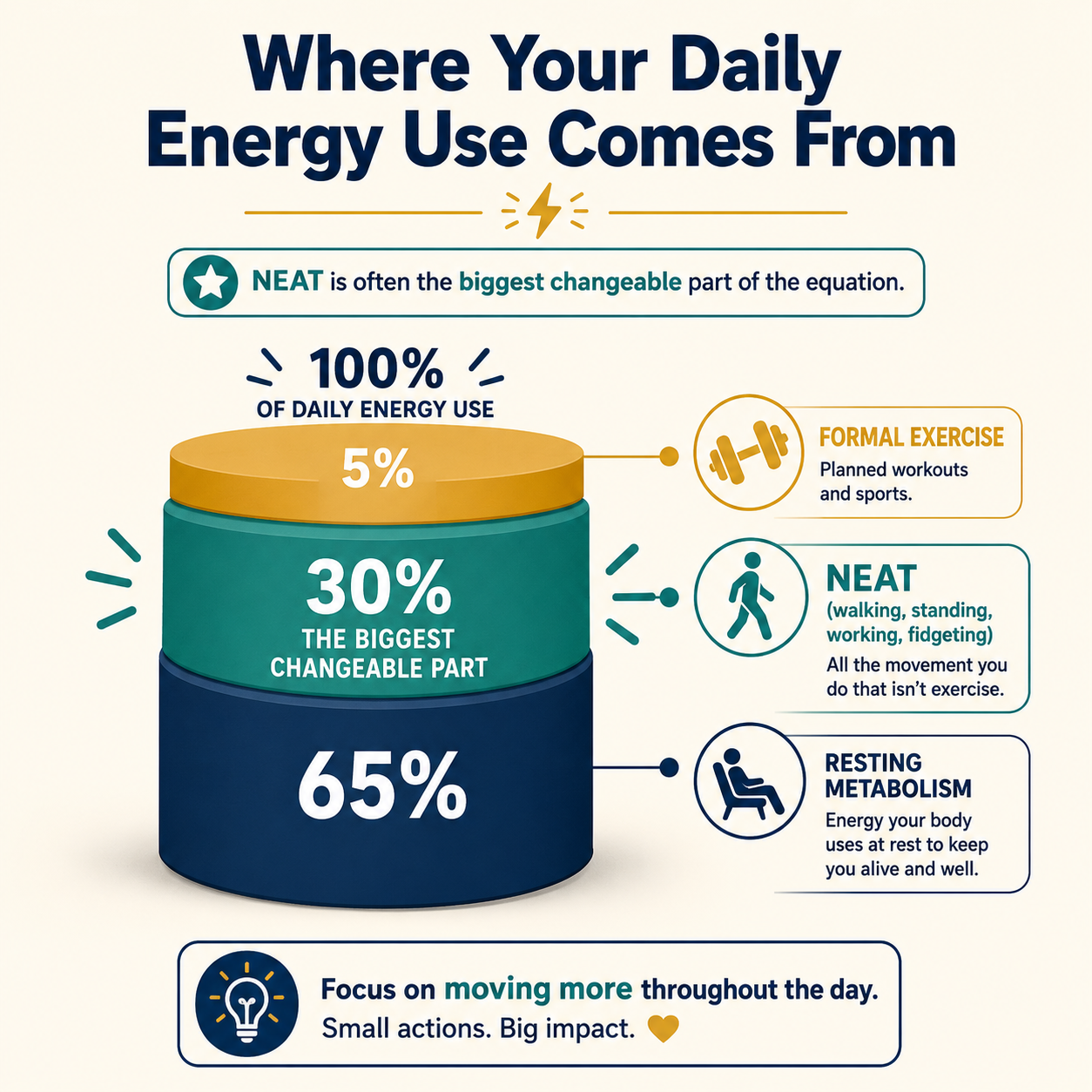 NEAT versus exercise chart showing where daily calorie burn comes from for active jobs