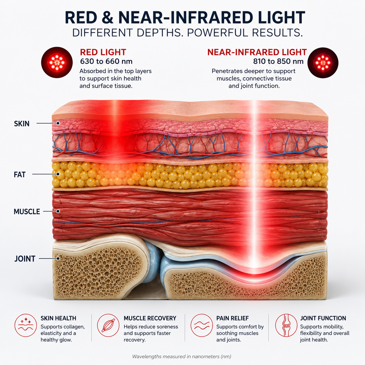 Diagram showing red light stopping at the skin and near-infrared light reaching muscle and joint tissu