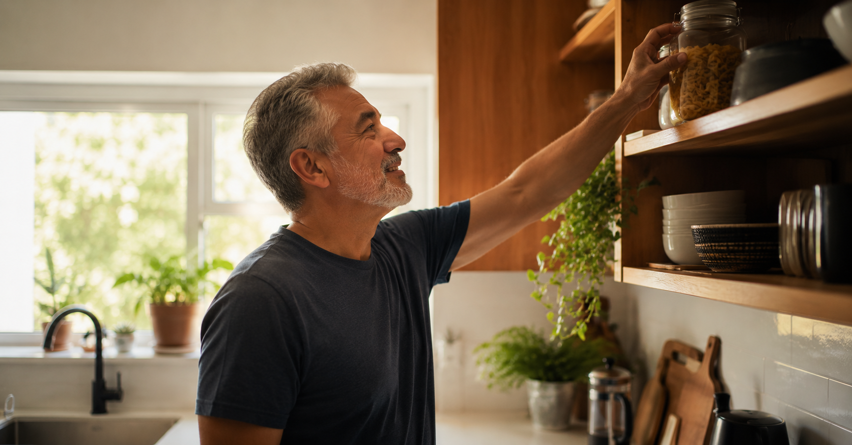 Older man reaching comfortably for a high kitchen shelf without shoulder pain