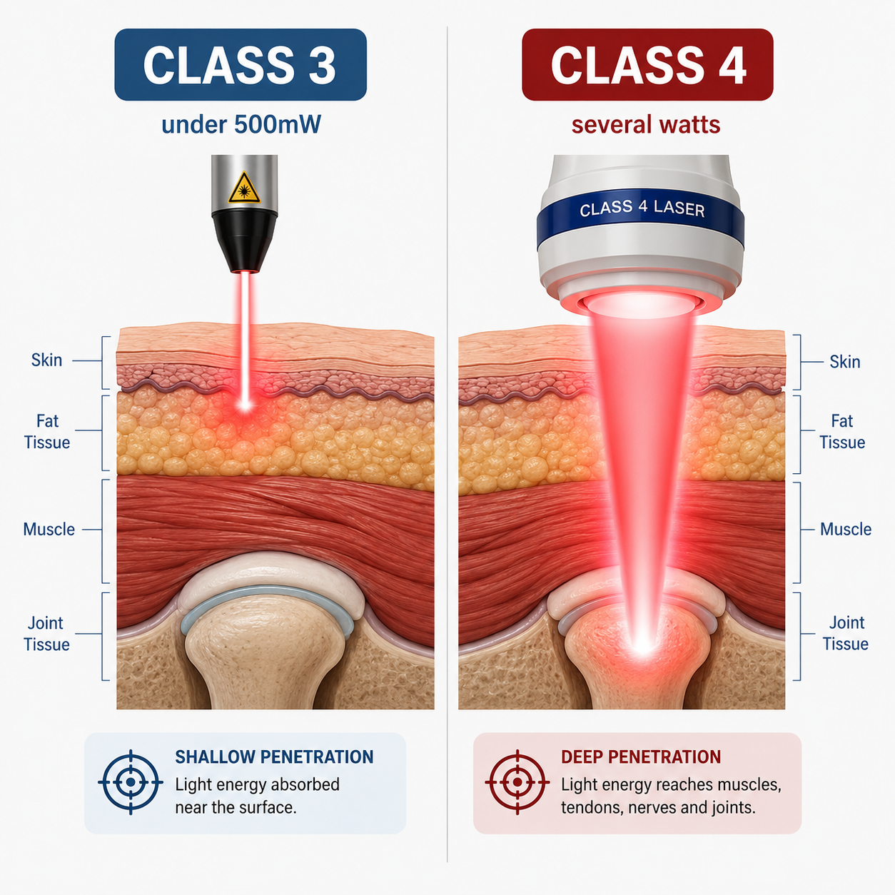 Diagram comparing Class 3 low level laser and Class 4 high power laser tissue penetration
