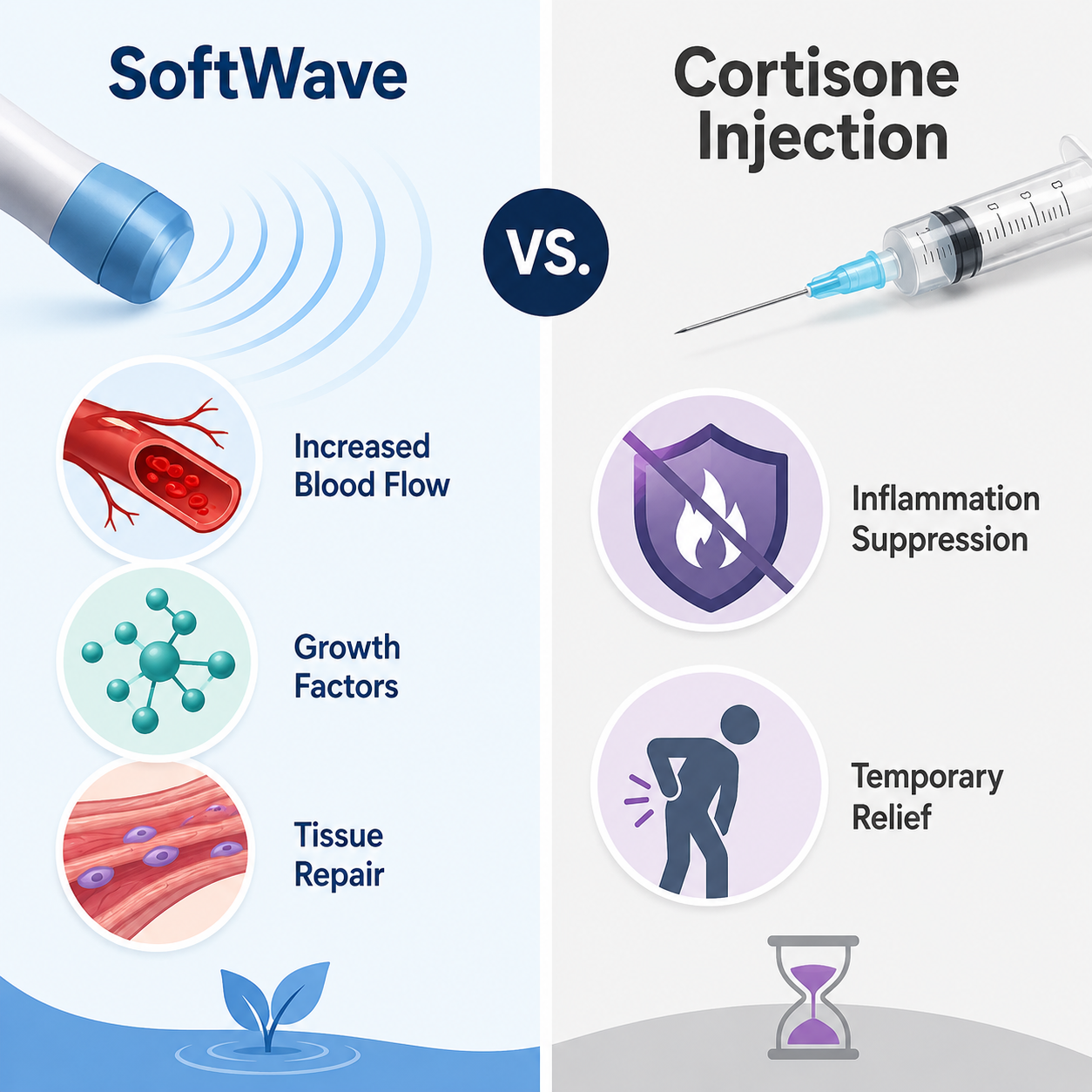 diagram comparing shockwave therapy healing mechanism versus corticosteroid injection mechanism