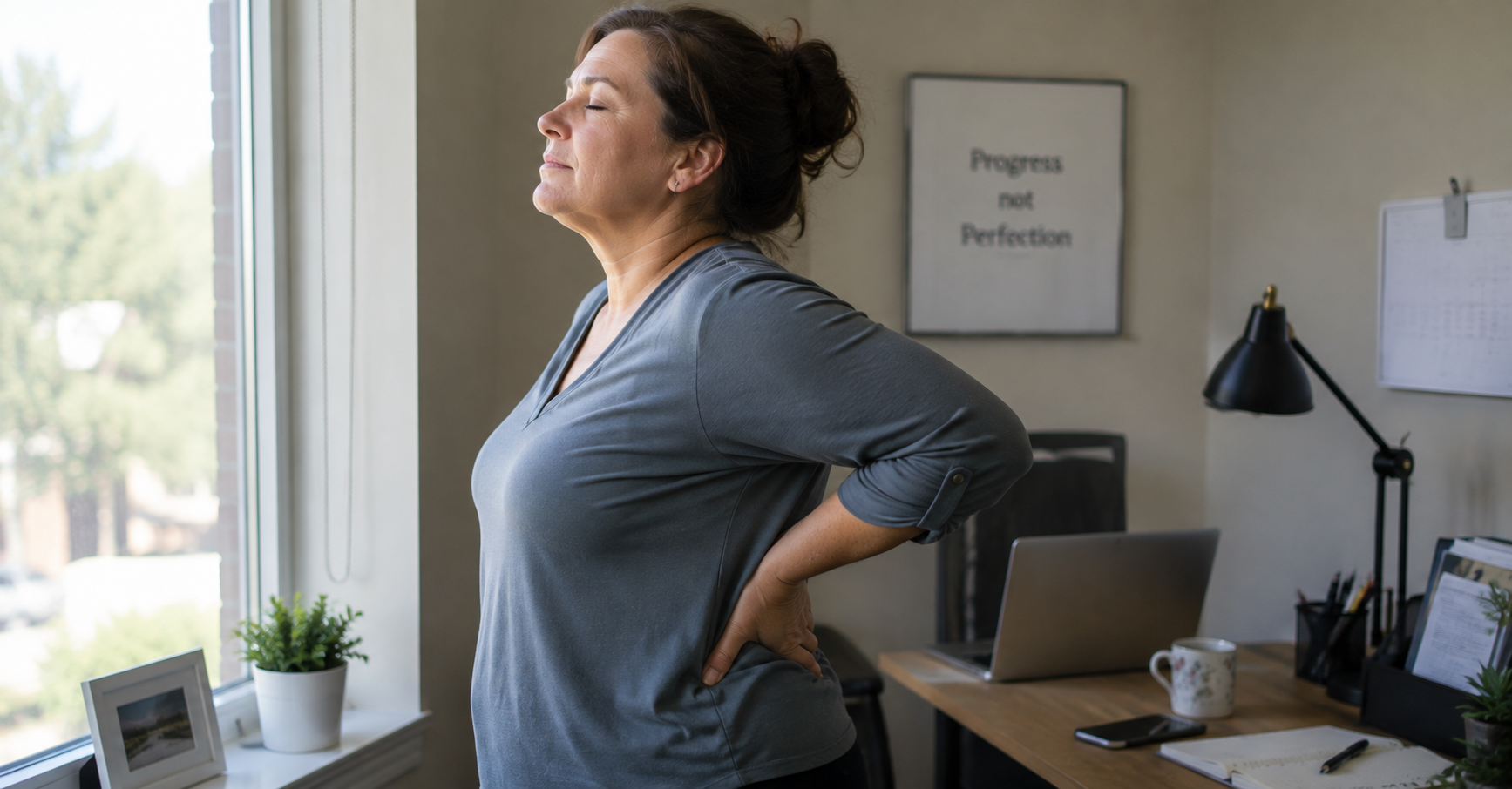 woman standing and stretching during workday, breaking up sitting habit