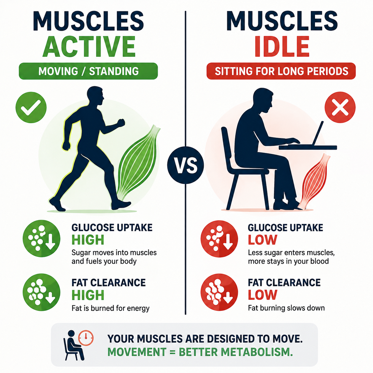 infographic showing effects of prolonged sitting on blood sugar and fat metabolism