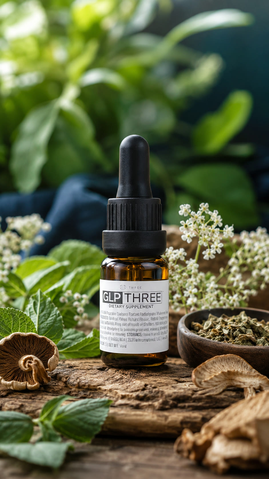 GLP THREE dropper bottle surrounded by ginseng, saffron, hops, and mushrooms, the natural ingredients in the formula