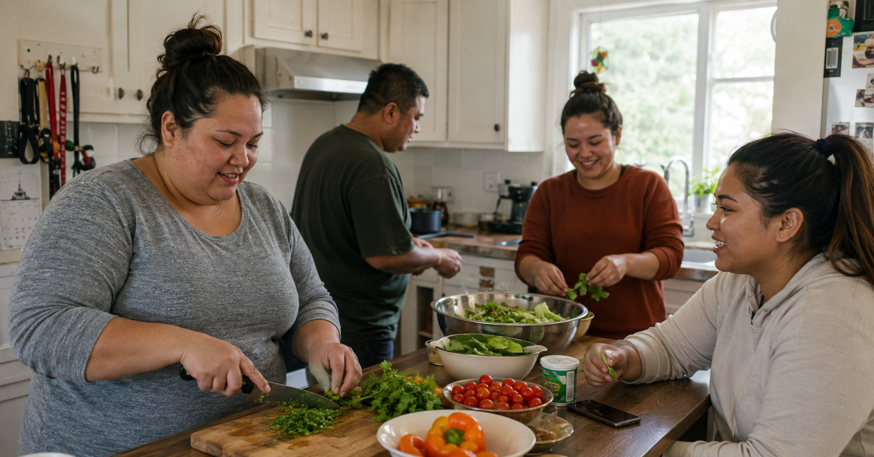 Everyday life scene of people of varying body sizes cooking a healthy meal together at home Everyday life scene of people of varying body sizes cooking a healthy meal together at home