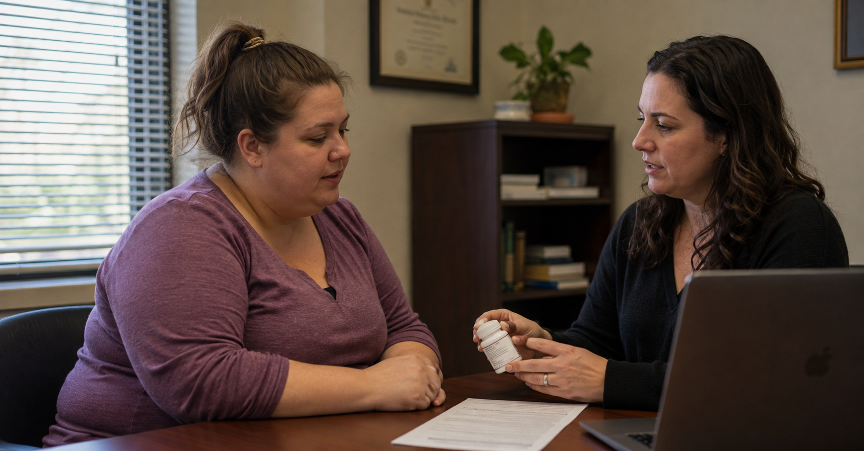 person of size reviewing supplement options with their doctor, dignified and calm person of size reviewing supplement options with their doctor, dignified and calm