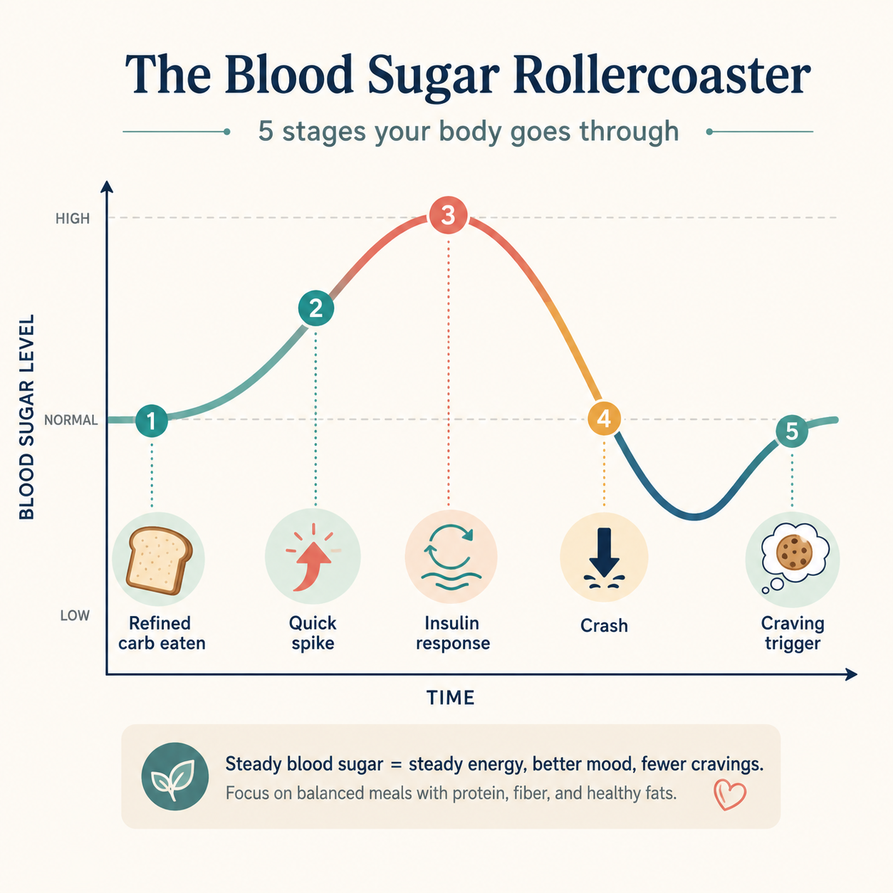 infographic showing the blood sugar spike and crash cycle behind sugar cravings infographic showing the blood sugar spike and crash cycle behind sugar cravings