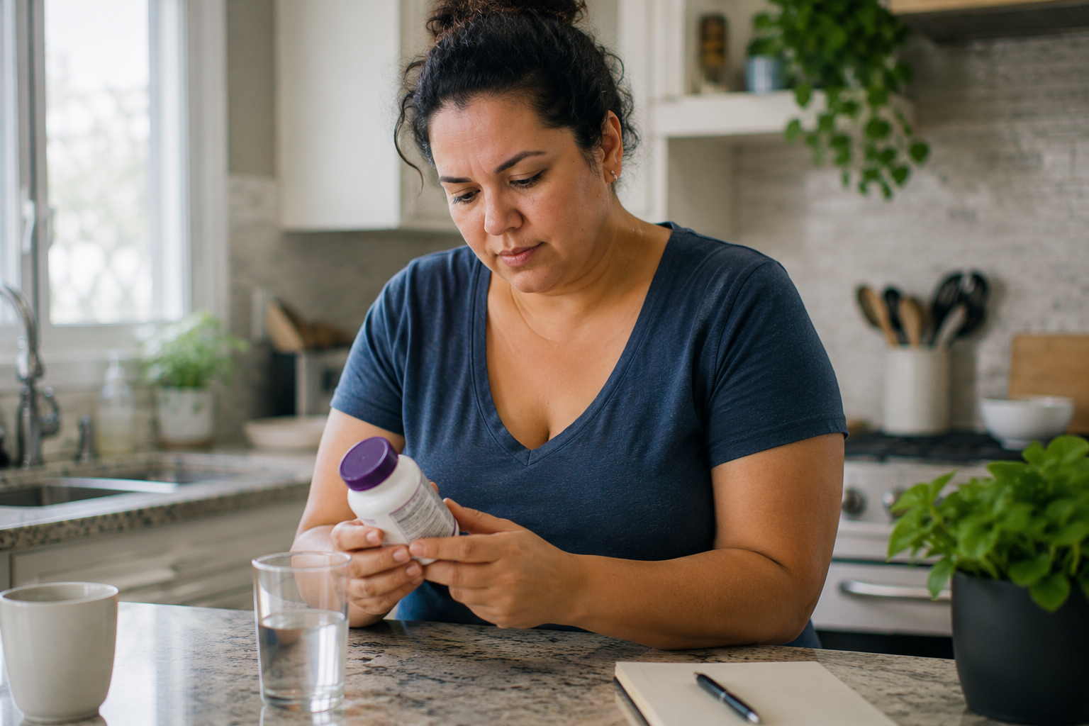 Person reading a supplement label thoughtfully at home Person reading a supplement label thoughtfully at home
