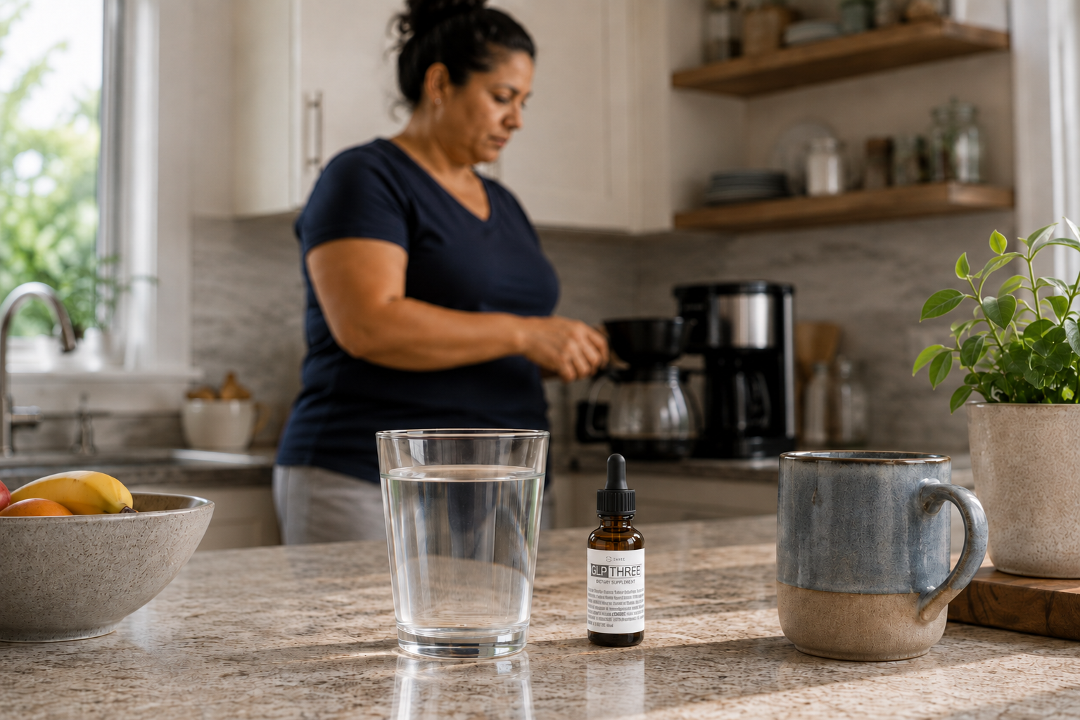 Everyday morning routine including a natural supplement dropper Everyday morning routine including a natural supplement dropper