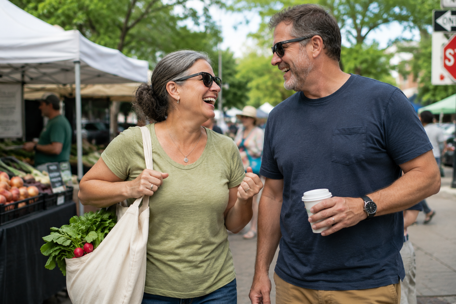 man and woman in their 50s carrying groceries and laughing outside a farmers market