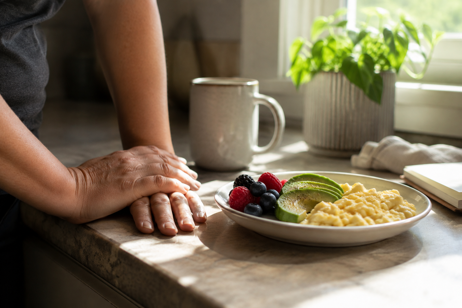 hands resting on a kitchen counter beside a half eaten healthy meal, quiet moment of reflection