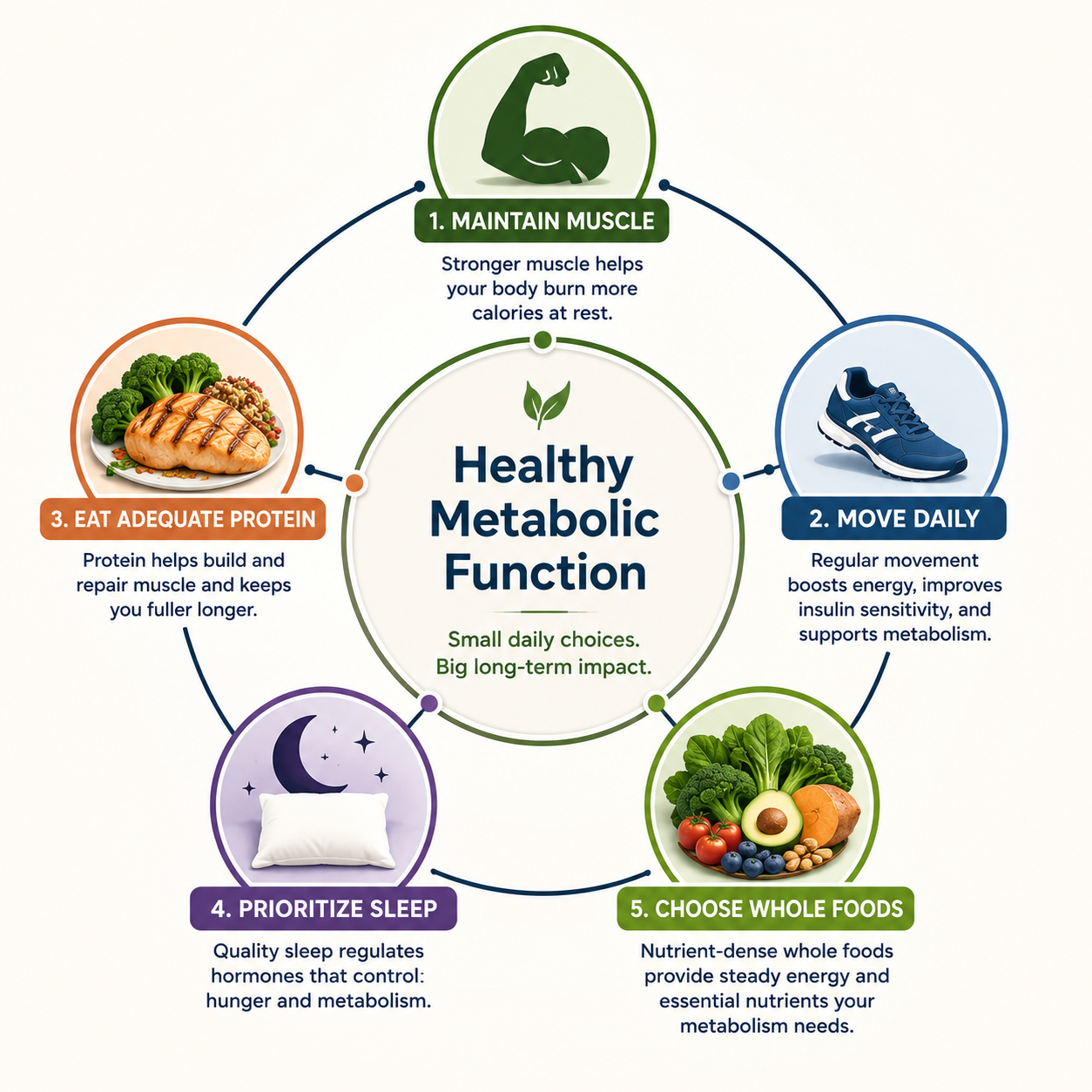 Natural metabolism infographic showing muscle, movement, protein, sleep, and nutrition"