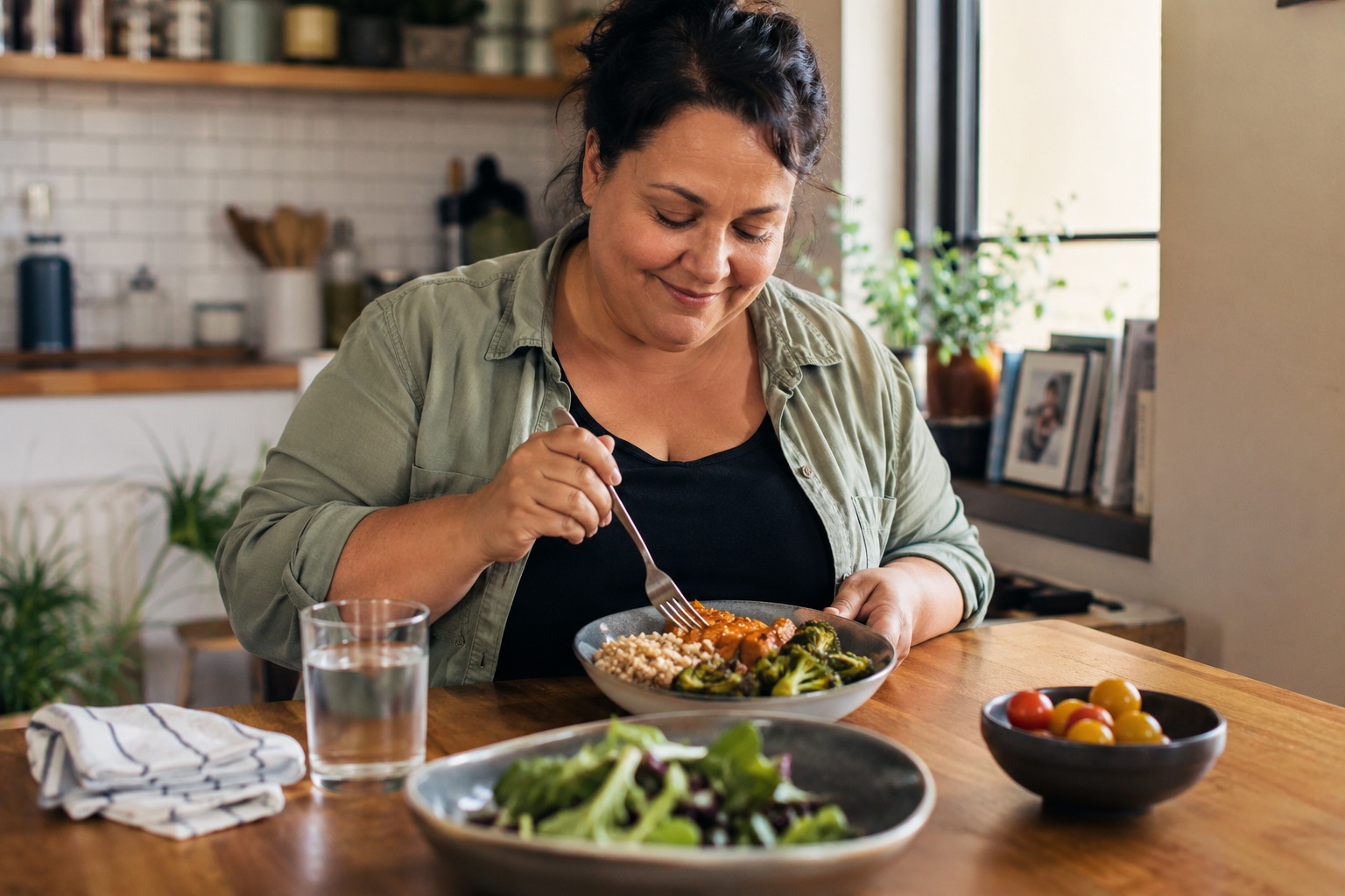 person of a fuller body size preparing a simple healthy meal at home, feeling calm and in control person of a fuller body size preparing a simple healthy meal at home, feeling calm and in control
