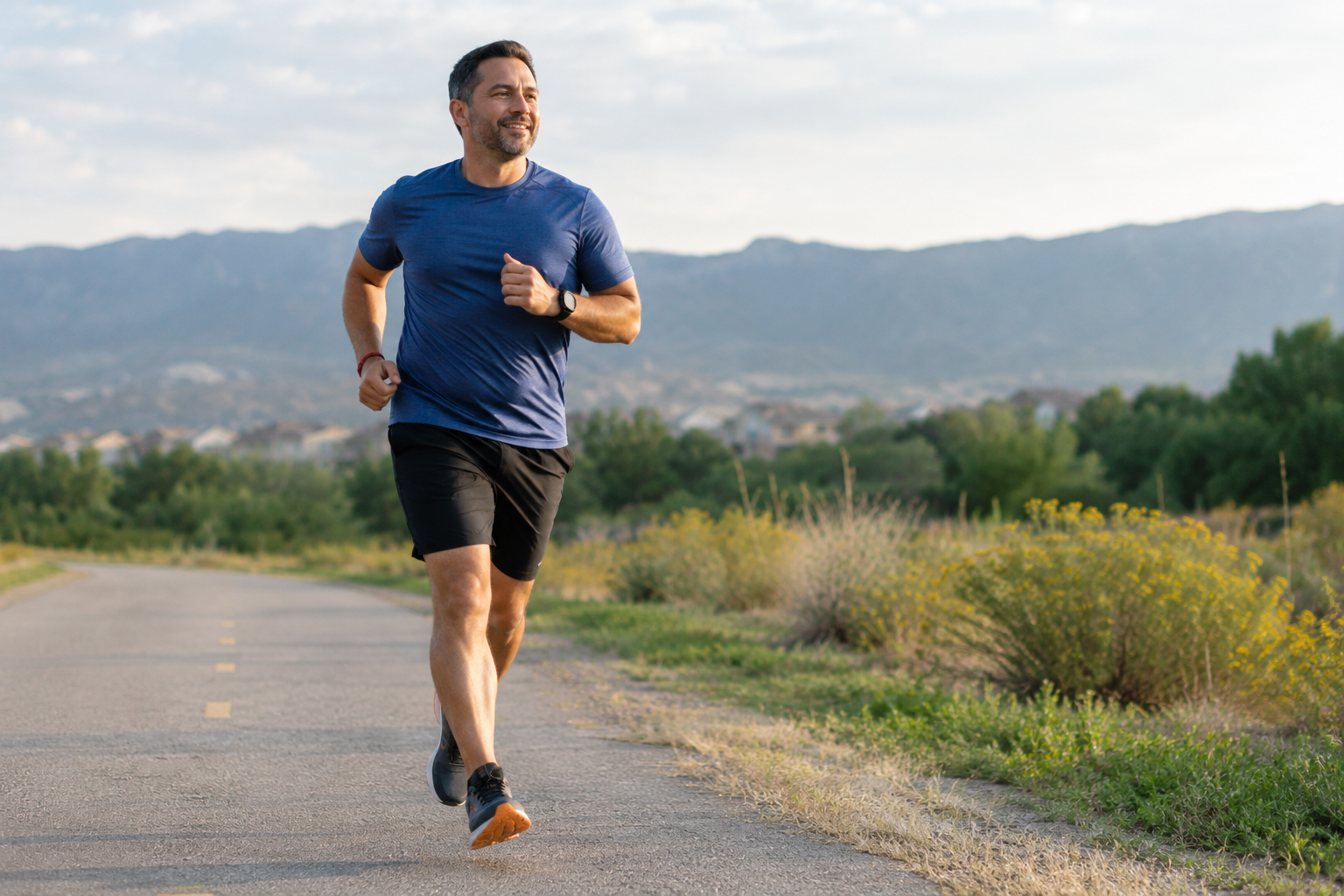 runner smiling mid-stride on trail, pain-free running after treatment runner smiling mid-stride on trail, pain-free running after treatment