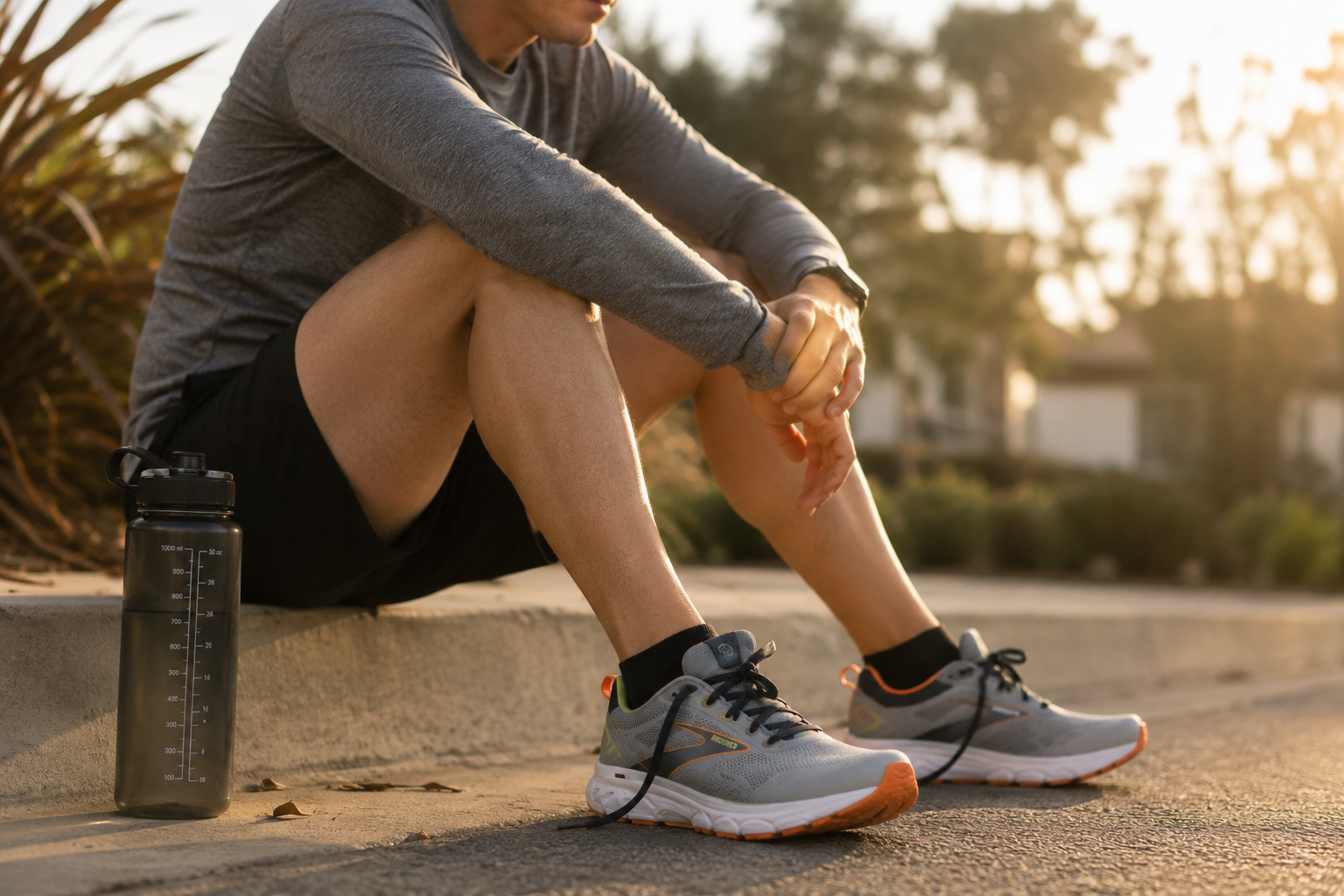 runner sitting on curb after long run, quiet moment of exhaustion and relief runner sitting on curb after long run, quiet moment of exhaustion and relief