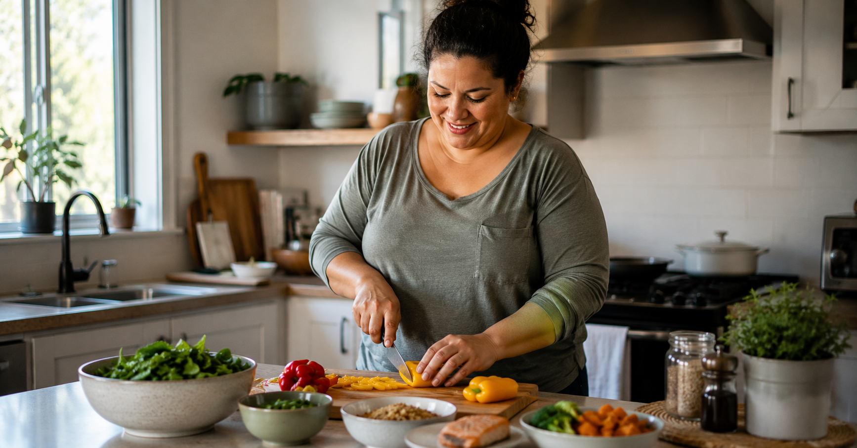 woman preparing a balanced meal at home managing PCOS