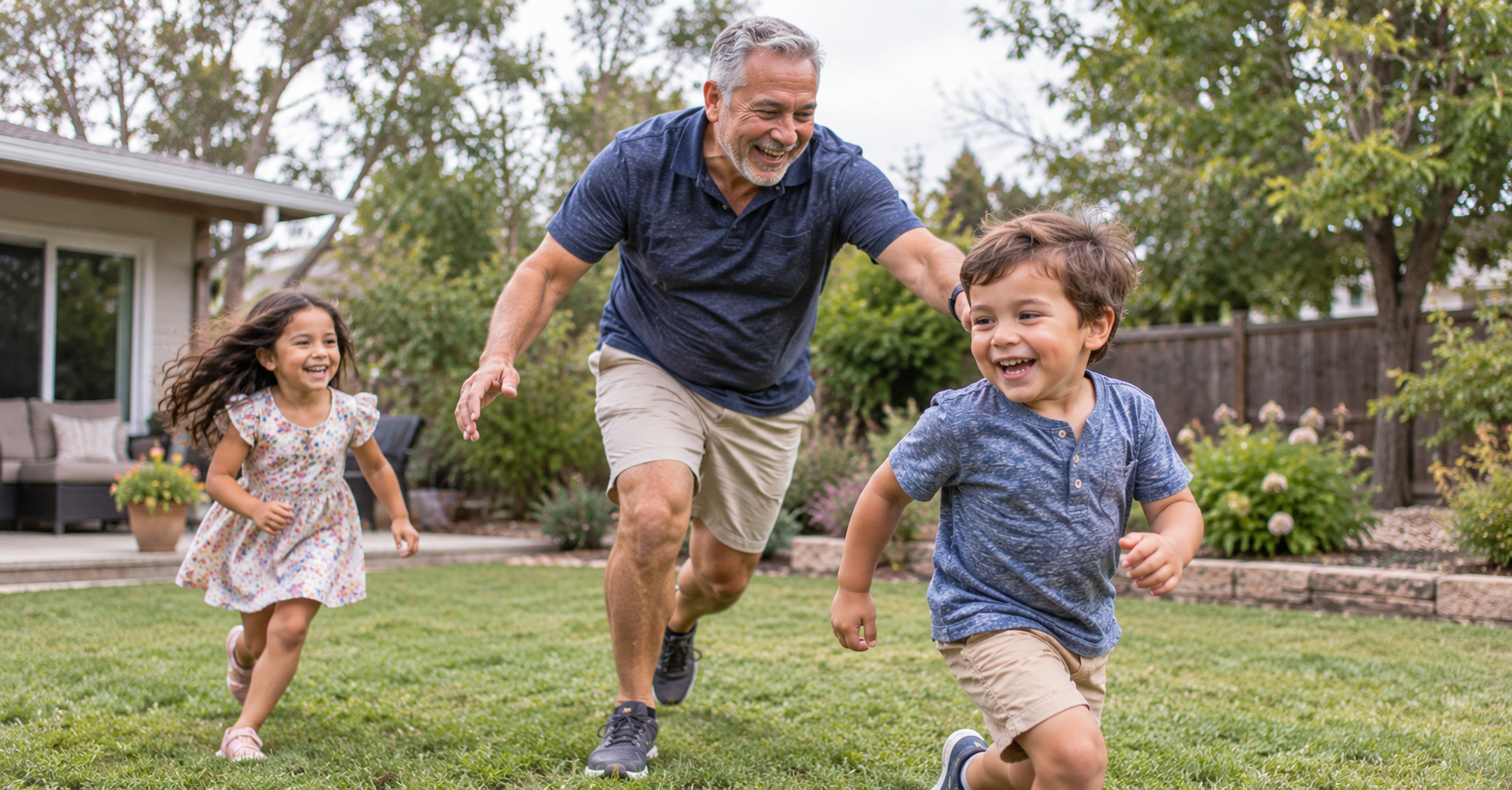 grandparent playing actively with grandchildren outdoors grandparent playing actively with grandchildren outdoors
