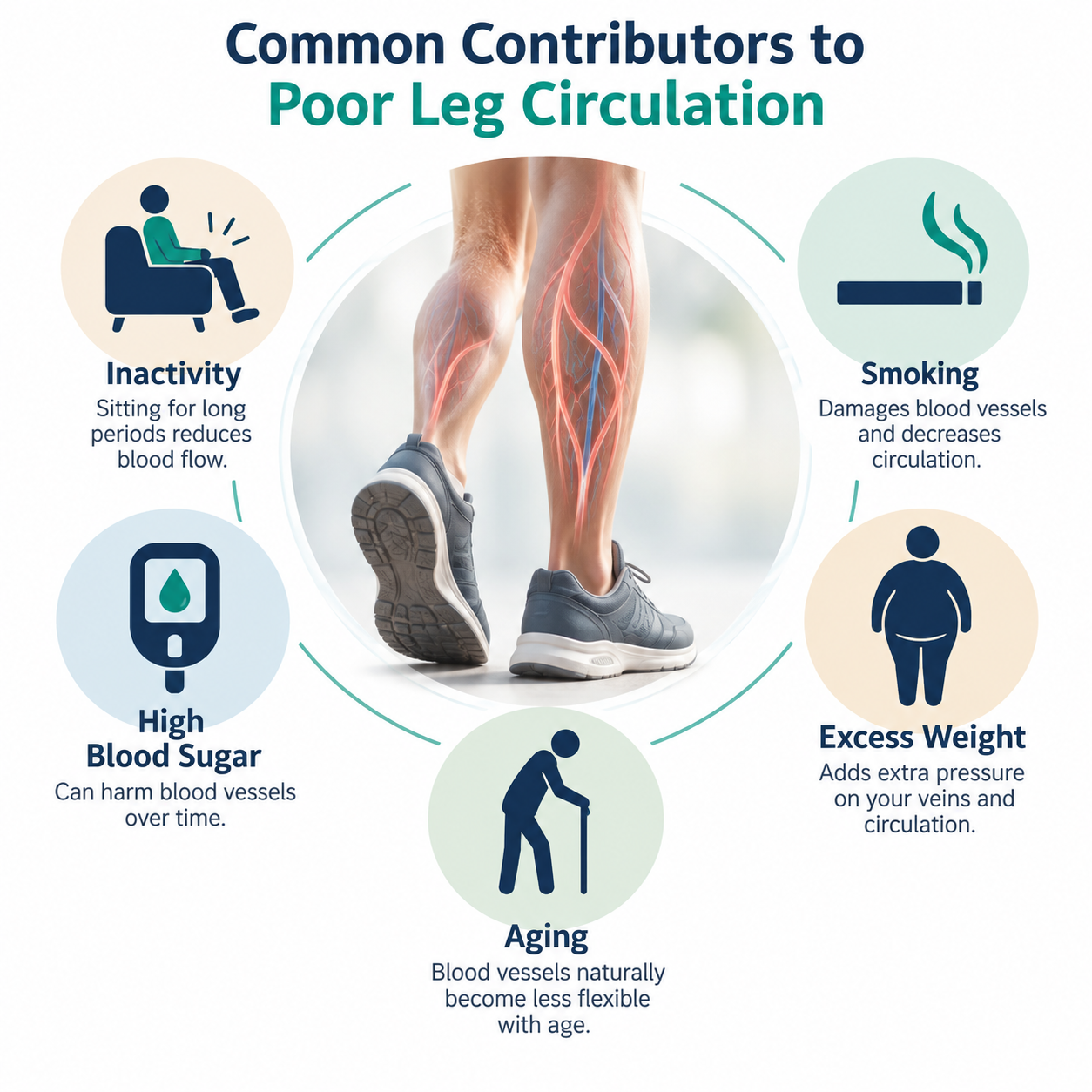 infographic showing common causes of poor leg circulation infographic showing common causes of poor leg circulation
