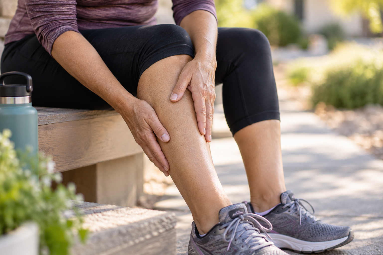 close up of a person pausing during a walk, hand resting on their leg close up of a person pausing during a walk, hand resting on their leg