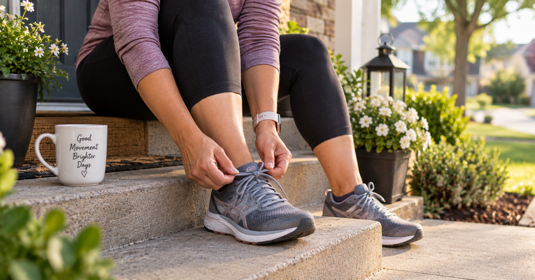 person tying walking shoes on porch starting active morning person tying walking shoes on porch starting active morning