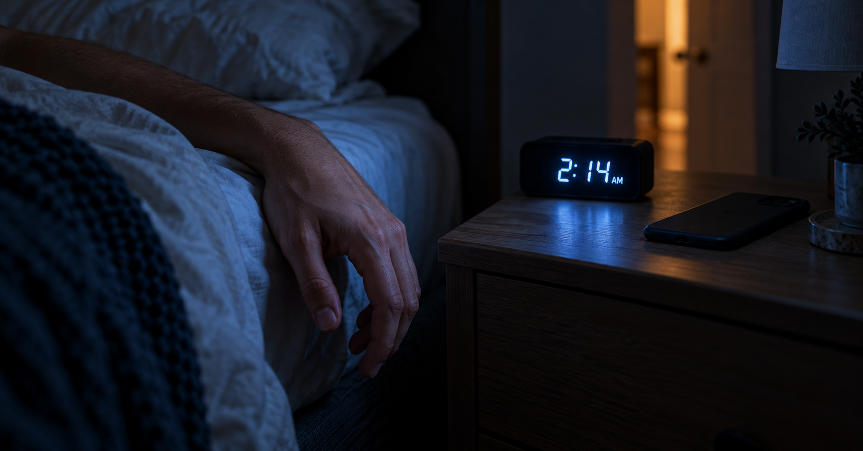 hand hanging off the edge of a bed at night beside a glowing clock, showing numb fingers that wake you from sleep hand hanging off the edge of a bed at night beside a glowing clock, showing numb fingers that wake you from sleep