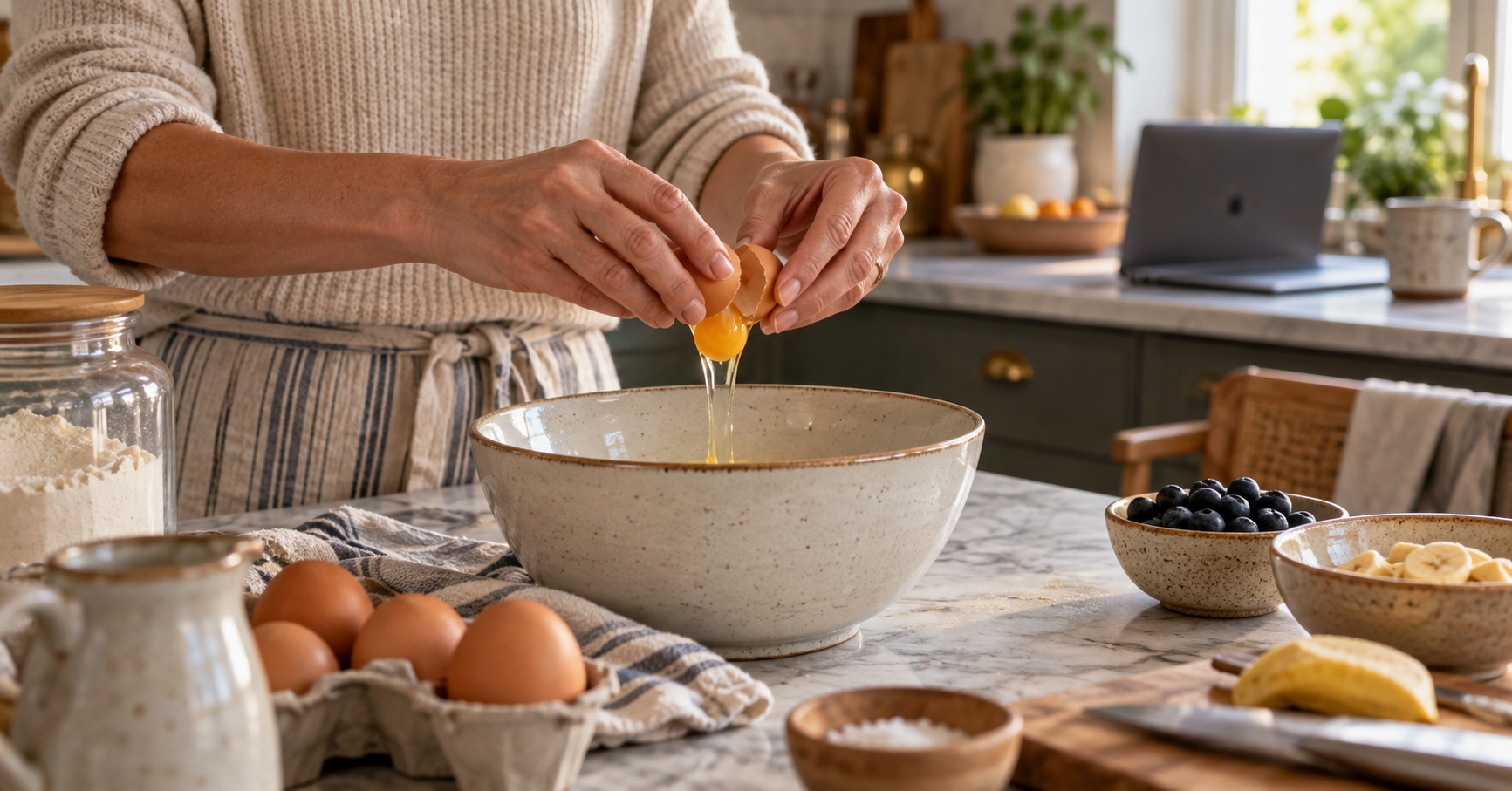 hands confidently cracking eggs in a morning kitchen after relief from numb fingers and desk work hands confidently cracking eggs in a morning kitchen after relief from numb fingers and desk work