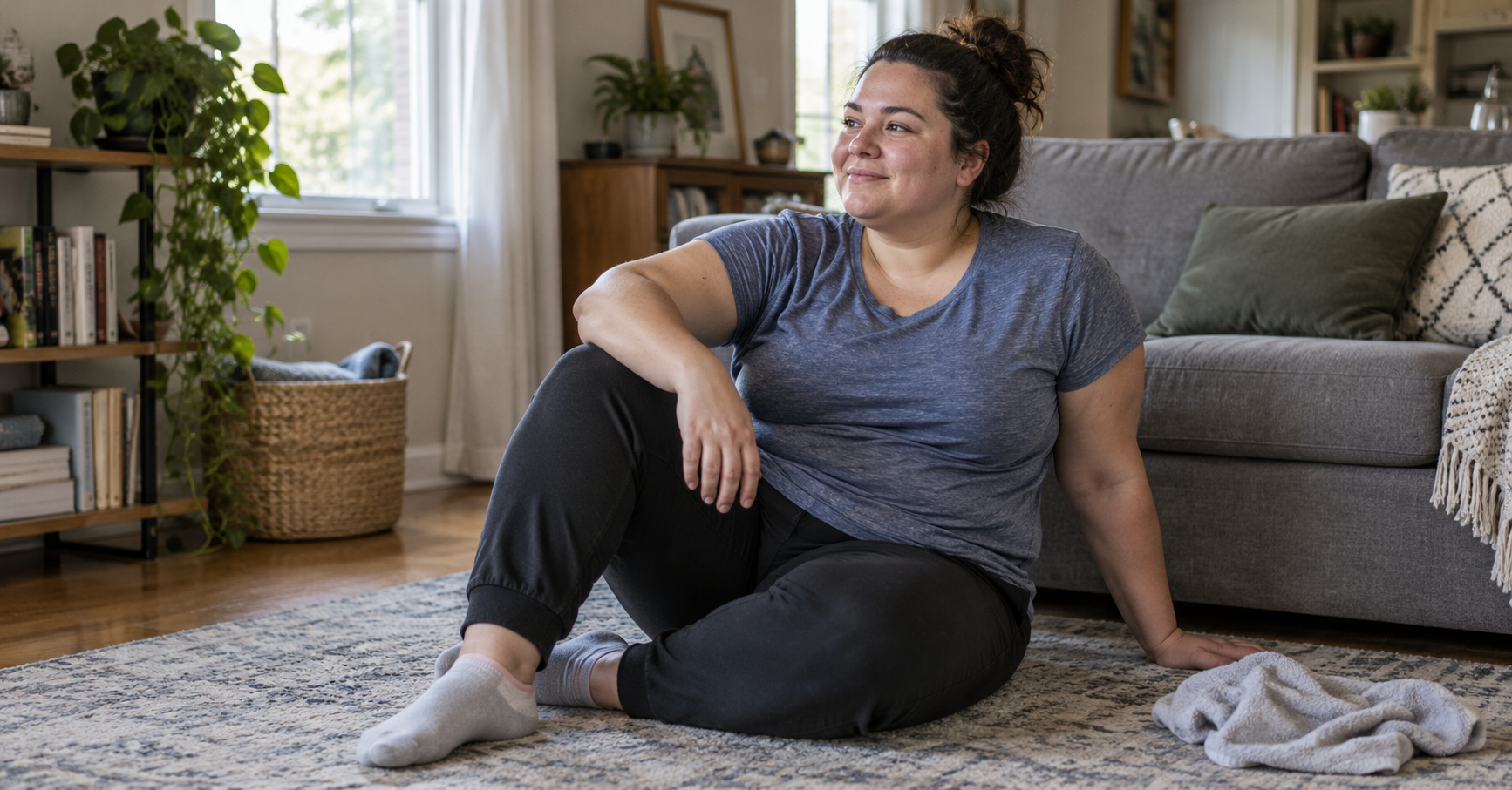 person catching their breath after a home workout for belly fat person catching their breath after a home workout for belly fat