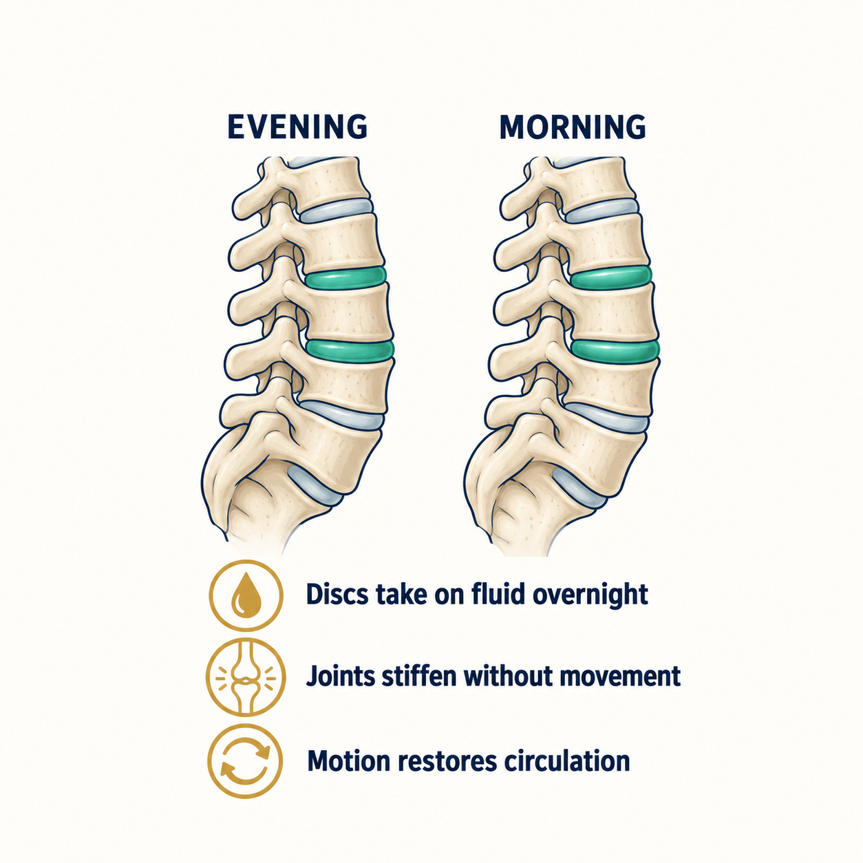 Diagram showing how spinal discs take on fluid overnight and cause lower back stiffness in the morning
