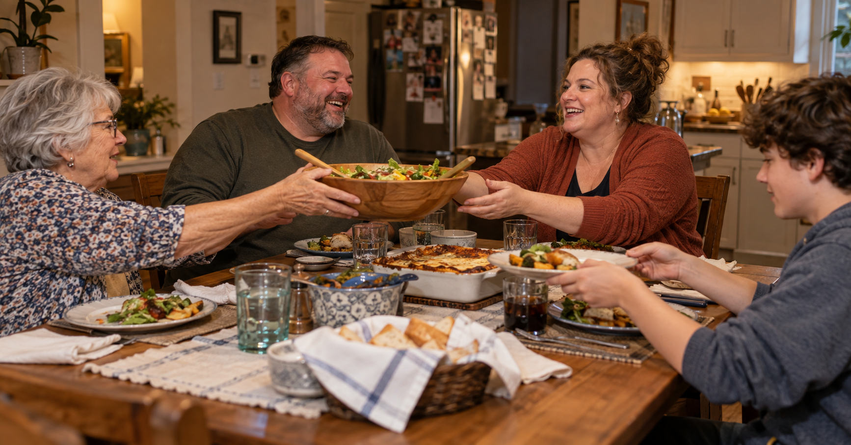 Multigenerational family sharing a home-cooked meal at a table, representing an everyday healthy routine alongside a natural supplement
