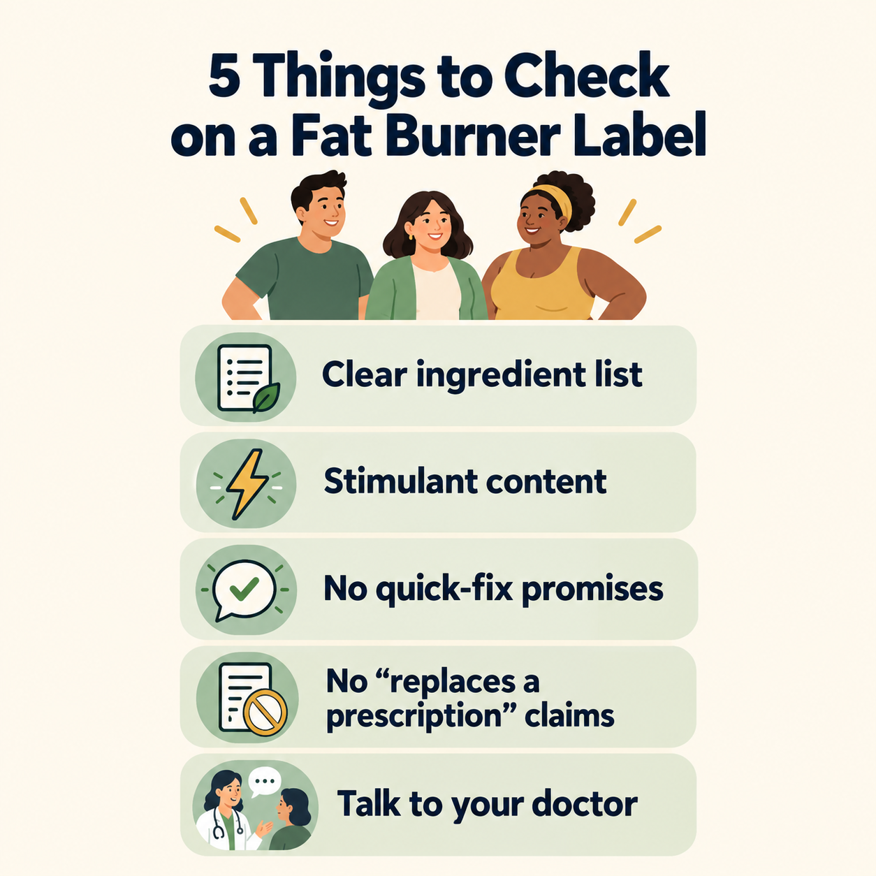 Infographic showing five things to check on a natural fat burner label, including ingredient list, stimulant content, and claims to avoid