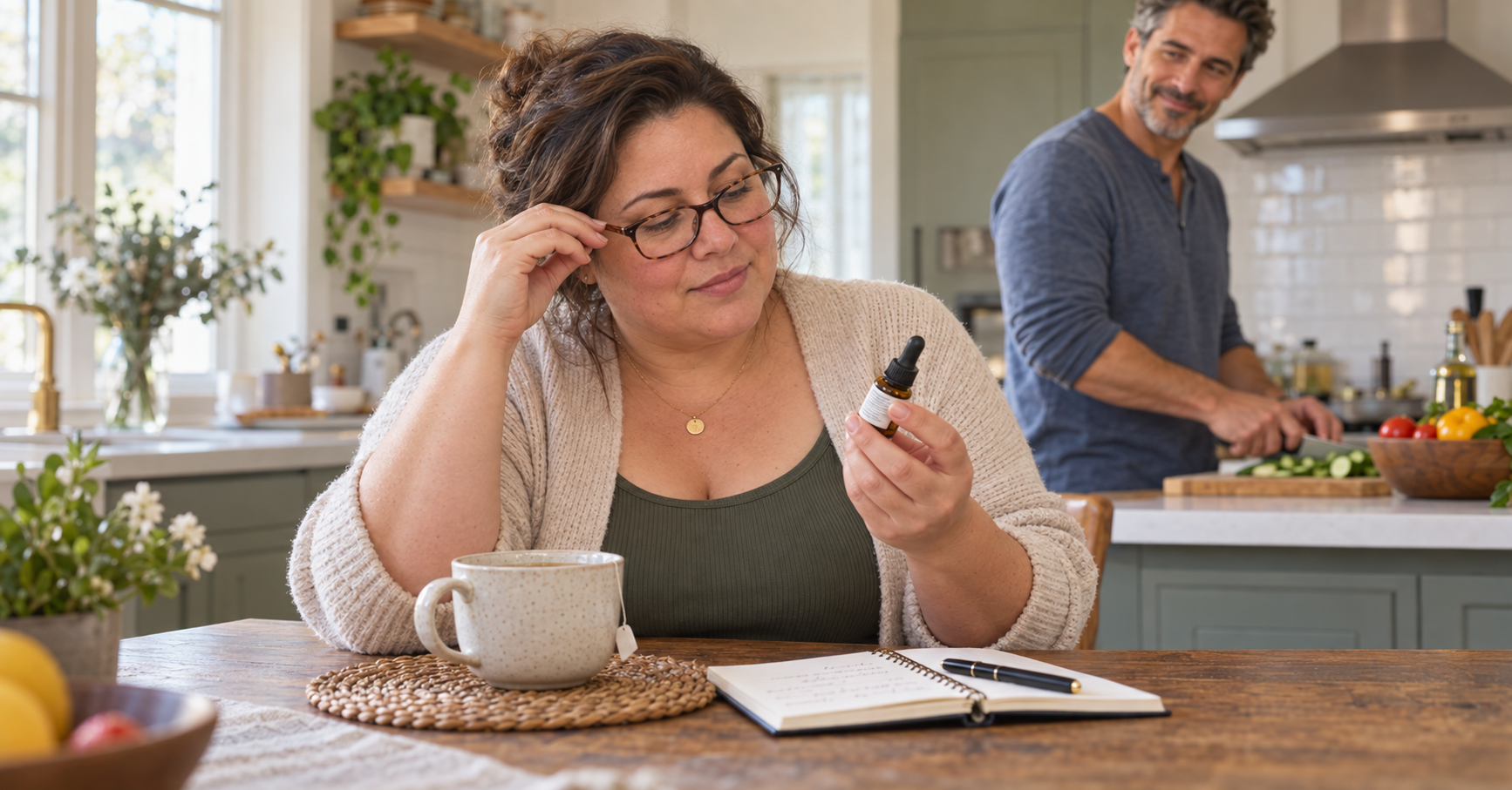 Adult at a kitchen table reading a supplement label with a partner nearby, considering a natural fat burner with realistic expectations