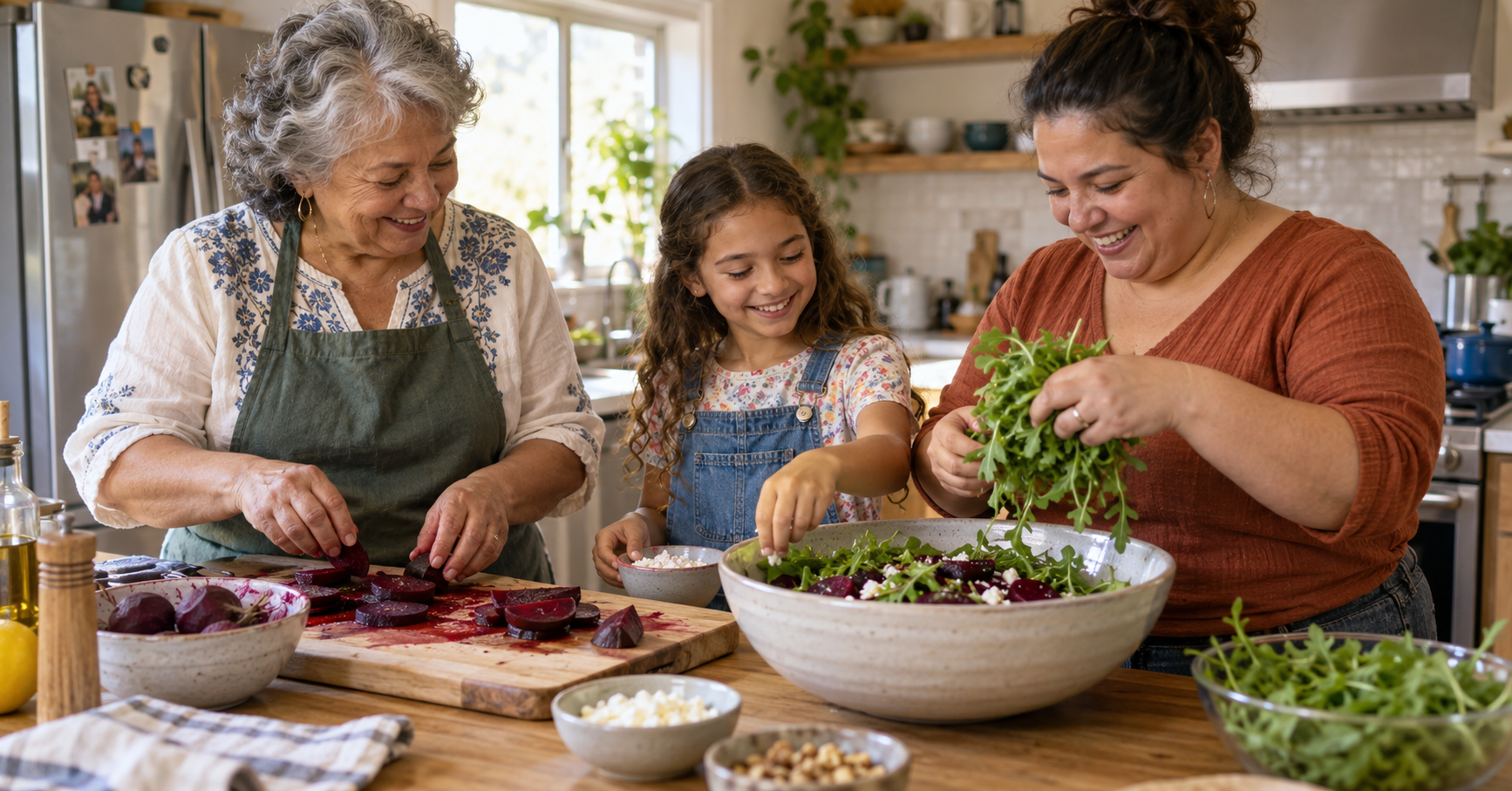 Multigenerational family preparing a beet and arugula salad together in a bright kitchen, showing the energy and vitality that come from healthy circulation Multigenerational family preparing a beet and arugula salad together in a bright kitchen, showing the energy and vitality that come from healthy circulation