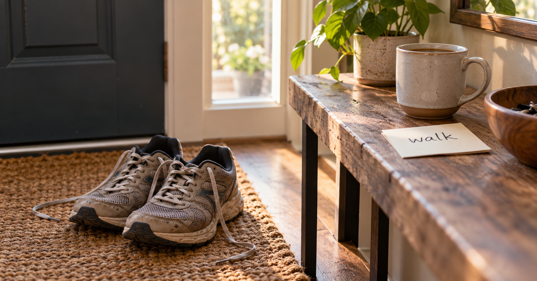Worn walking shoes by the front door at sunrise with a coffee mug nearby, symbolizing a daily walking habit to improve circulation and energy Worn walking shoes by the front door at sunrise with a coffee mug nearby, symbolizing a daily walking habit to improve circulation and energy