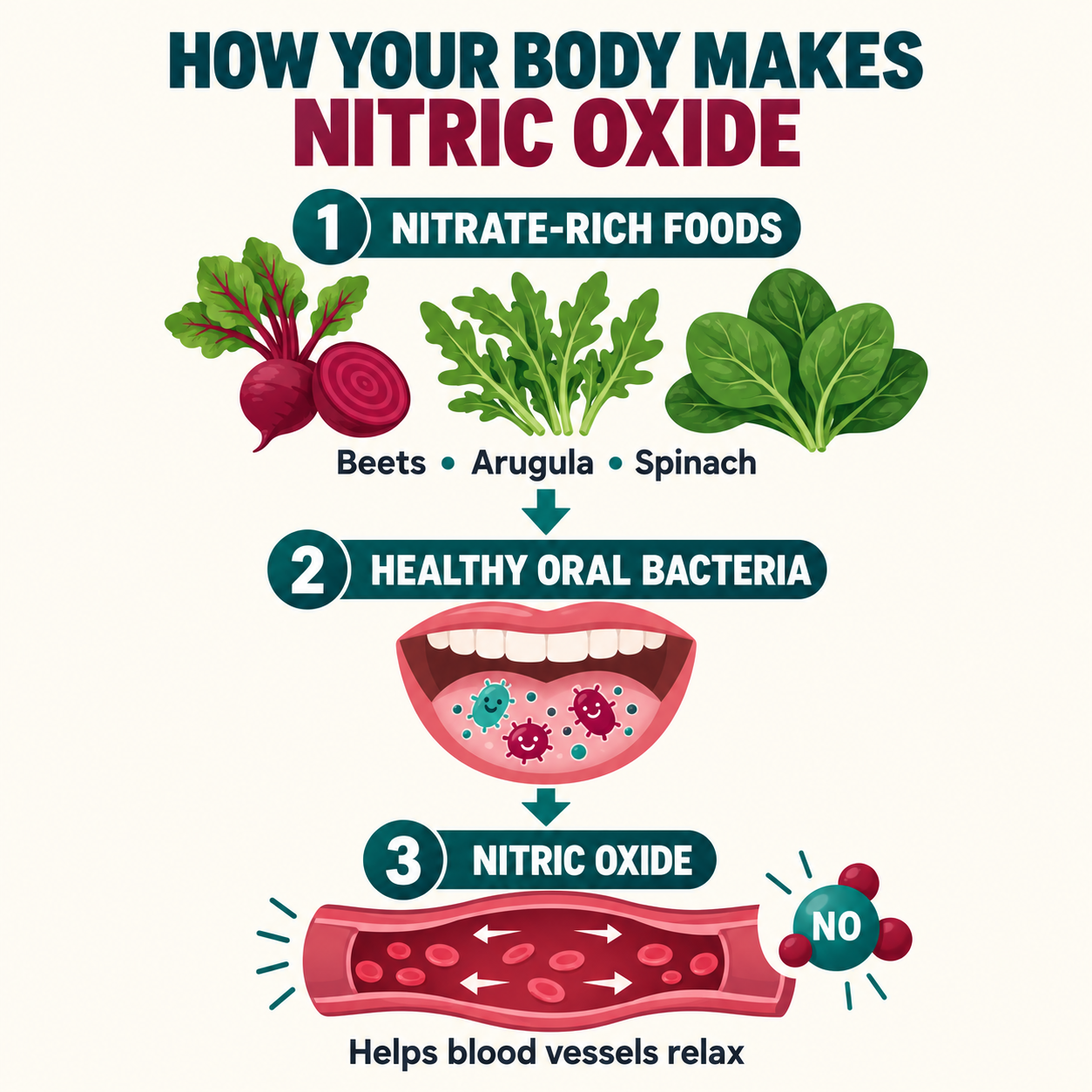 Infographic showing how the body makes nitric oxide from nitrate-rich foods, oral bacteria, and daily movement to support blood vessel relaxation Infographic showing how the body makes nitric oxide from nitrate-rich foods, oral bacteria, and daily movement to support blood vessel relaxation