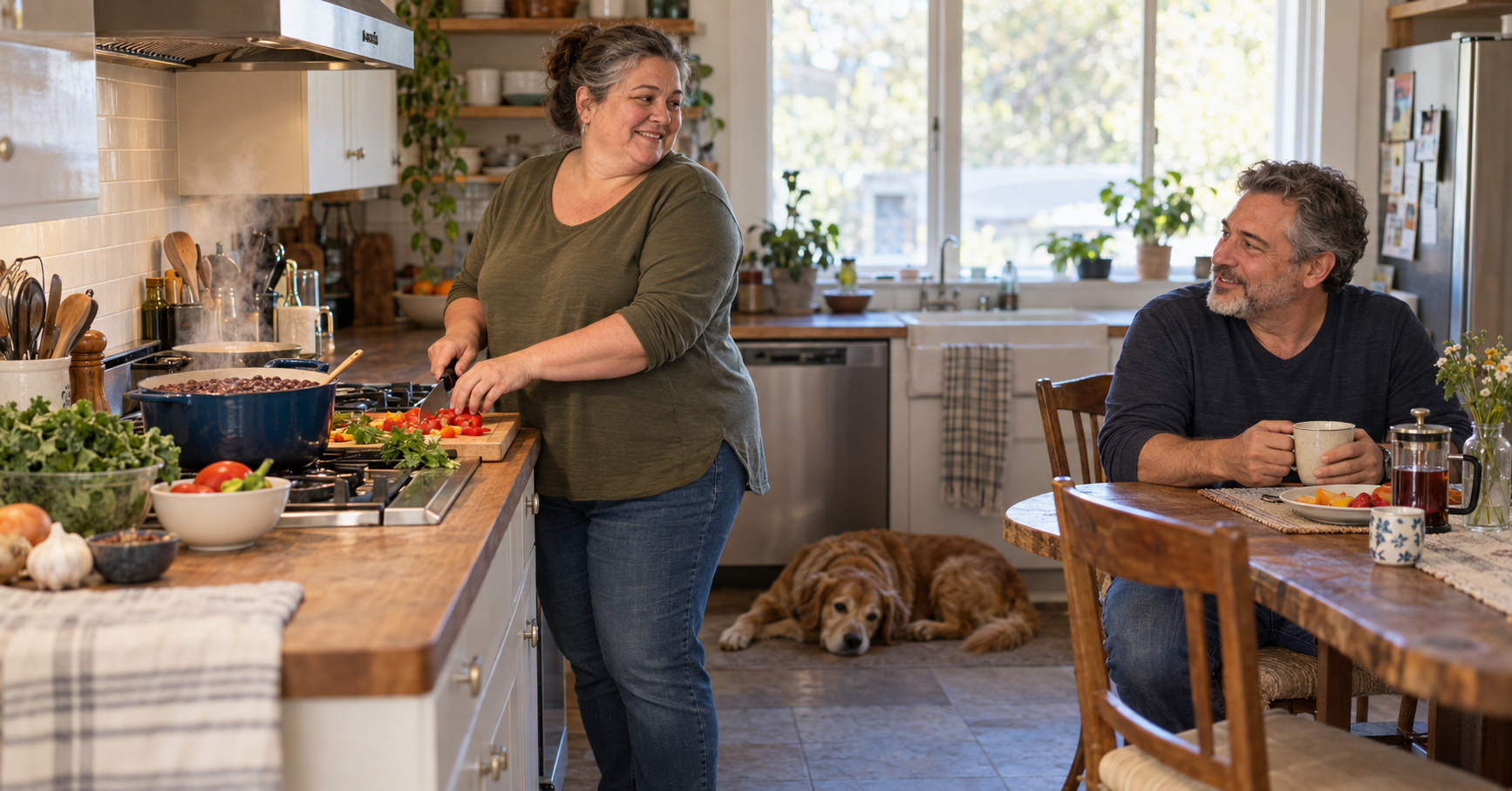Adult preparing a bean and vegetable meal at a home kitchen counter, an everyday moment of mindful eating for gut health and weight management