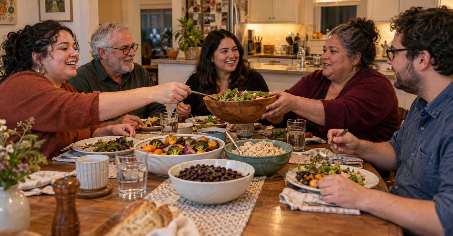 Friends and family of different ages and body sizes sharing a fiber-rich dinner around a table at home