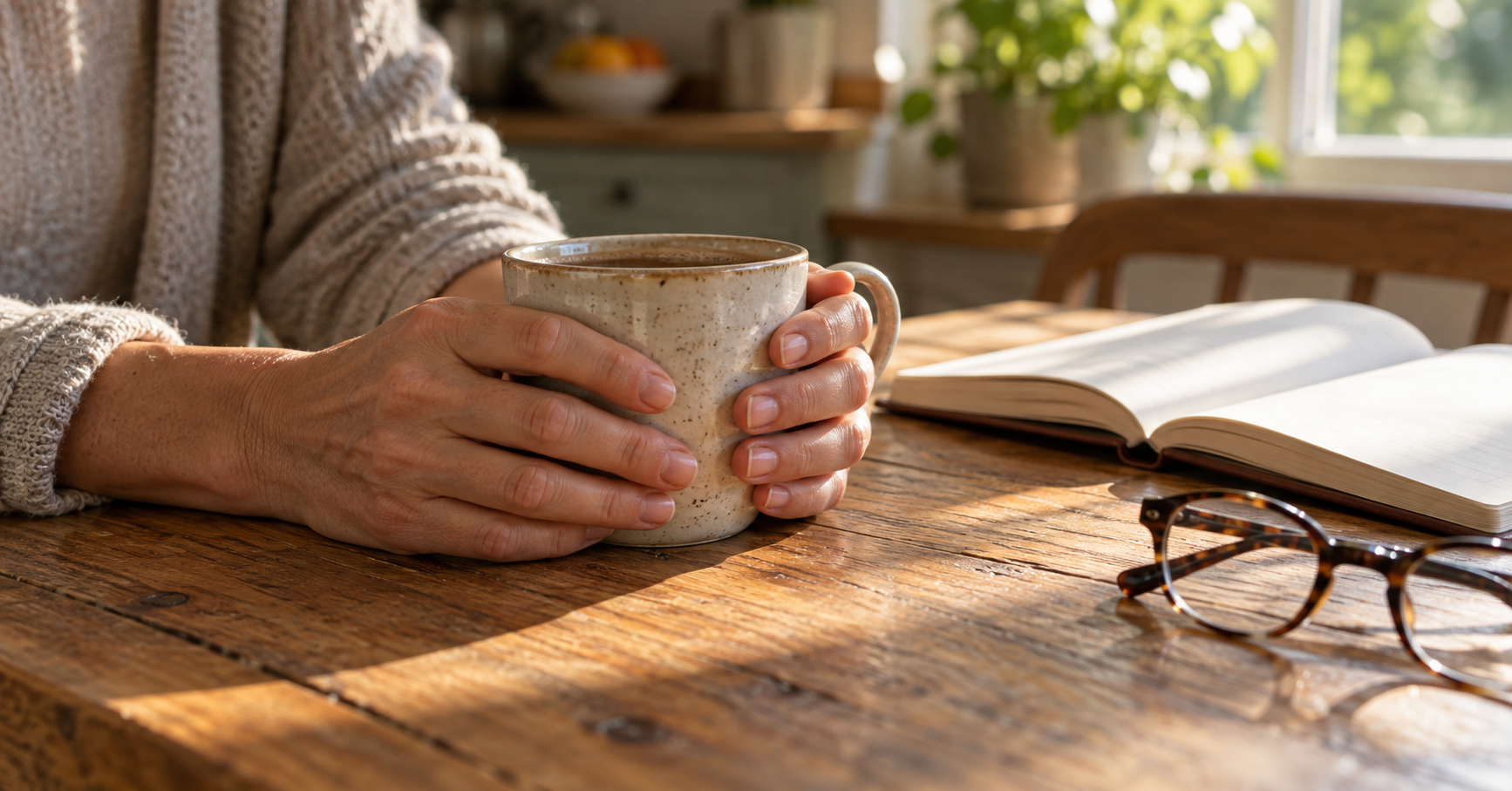 Hands wrapped around a warm coffee mug in a sunlit kitchen on a calm, pain-free morning Hands wrapped around a warm coffee mug in a sunlit kitchen on a calm, pain-free morning