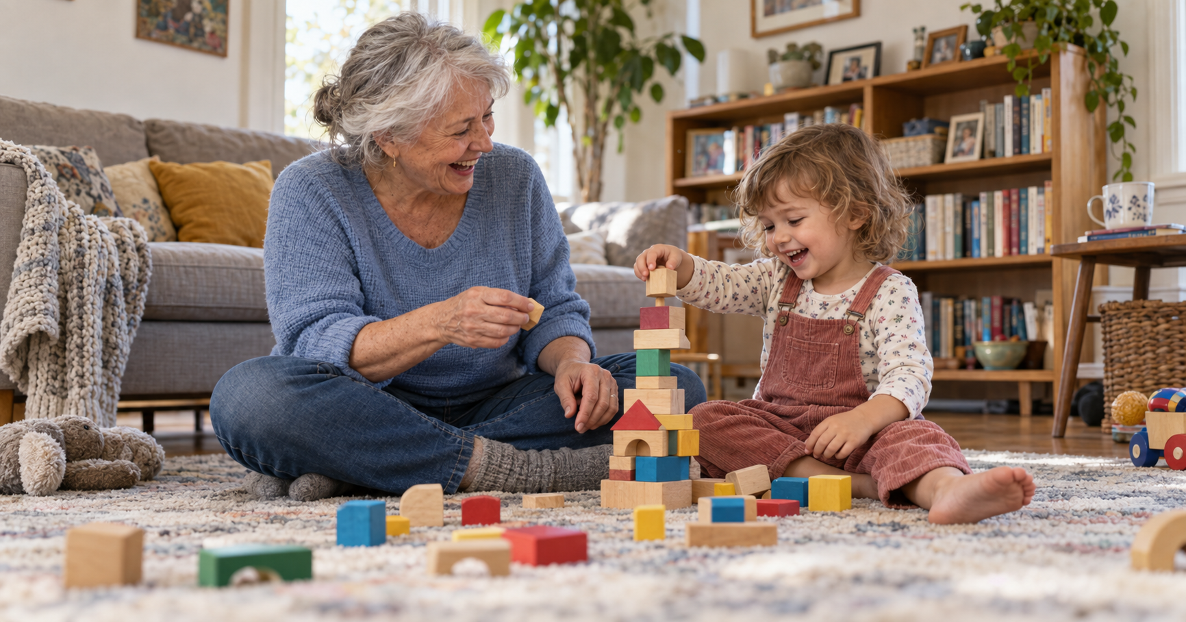 Grandparent laughing on a living room floor building a block tower with a young child, showing freedom of movement and daily vitality Grandparent laughing on a living room floor building a block tower with a young child, showing freedom of movement and daily vitality