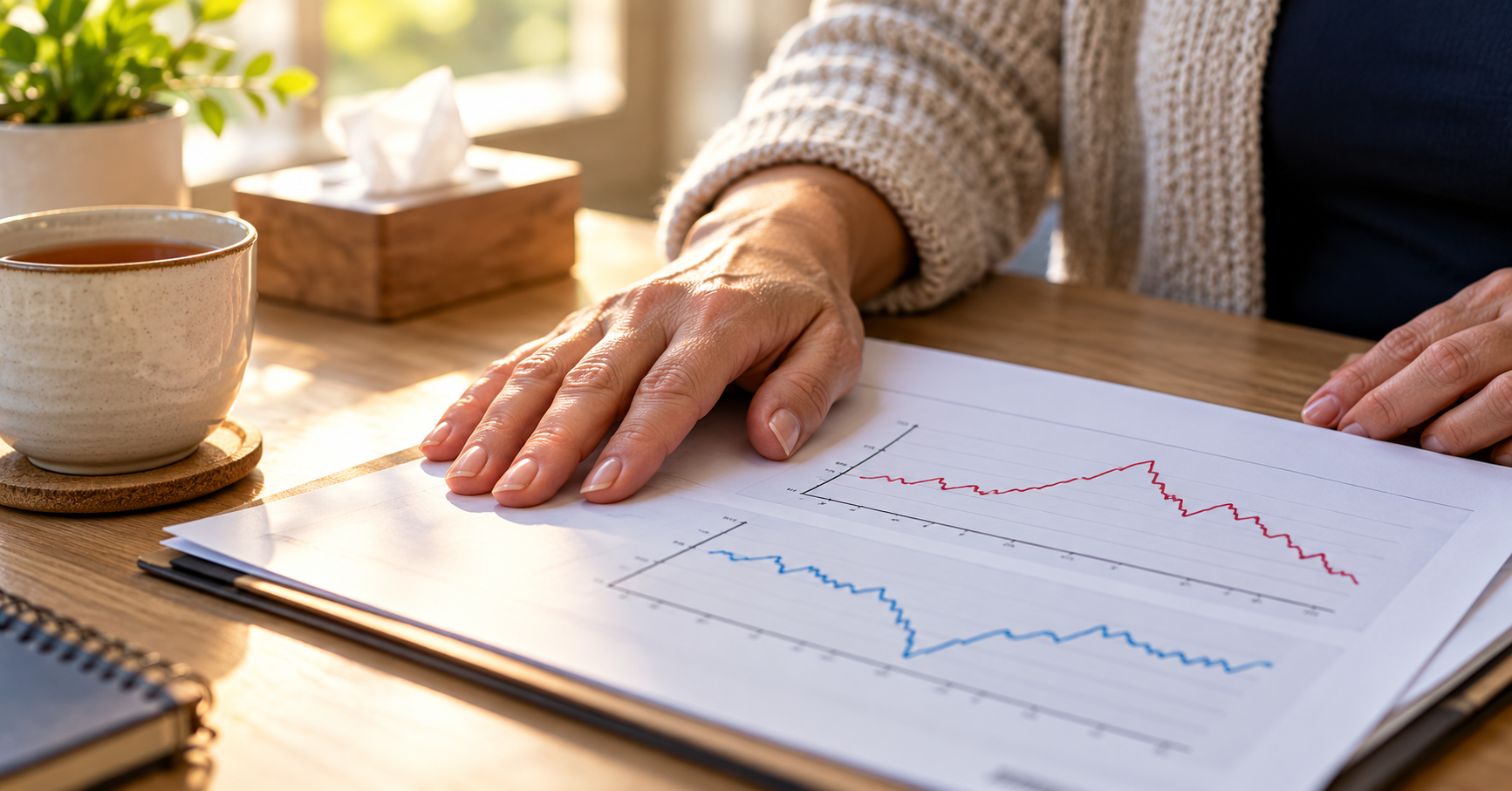 Woman's hands resting on a printed DynaROM report showing muscle guarding graphs after a whiplash injury, a moment of relief and validation Woman's hands resting on a printed DynaROM report showing muscle guarding graphs after a whiplash injury, a moment of relief and validation