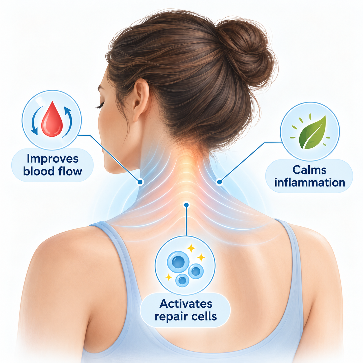 "Infographic showing how SoftWave acoustic wave therapy helps chronic neck pain by improving blood flow, reducing inflammation, and activating tissue repair" "Infographic showing how SoftWave acoustic wave therapy helps chronic neck pain by improving blood flow, reducing inflammation, and activating tissue repair"