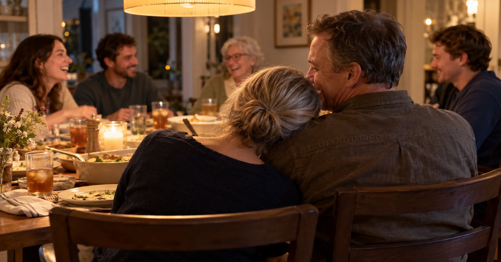 "Woman resting her head comfortably on her husband's shoulder at a family dinner, showing life after chronic neck pain relief" "Woman resting her head comfortably on her husband's shoulder at a family dinner, showing life after chronic neck pain relief"