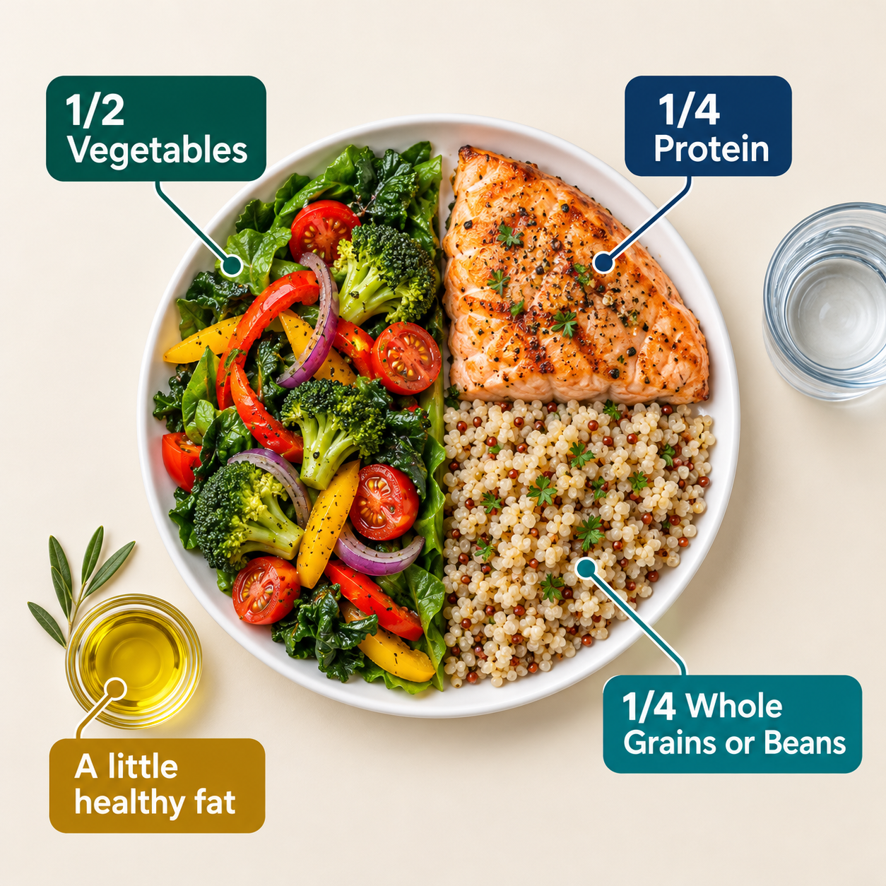 Meal prep plate method for weight loss showing half vegetables, one quarter lean protein, and one quarter whole grains