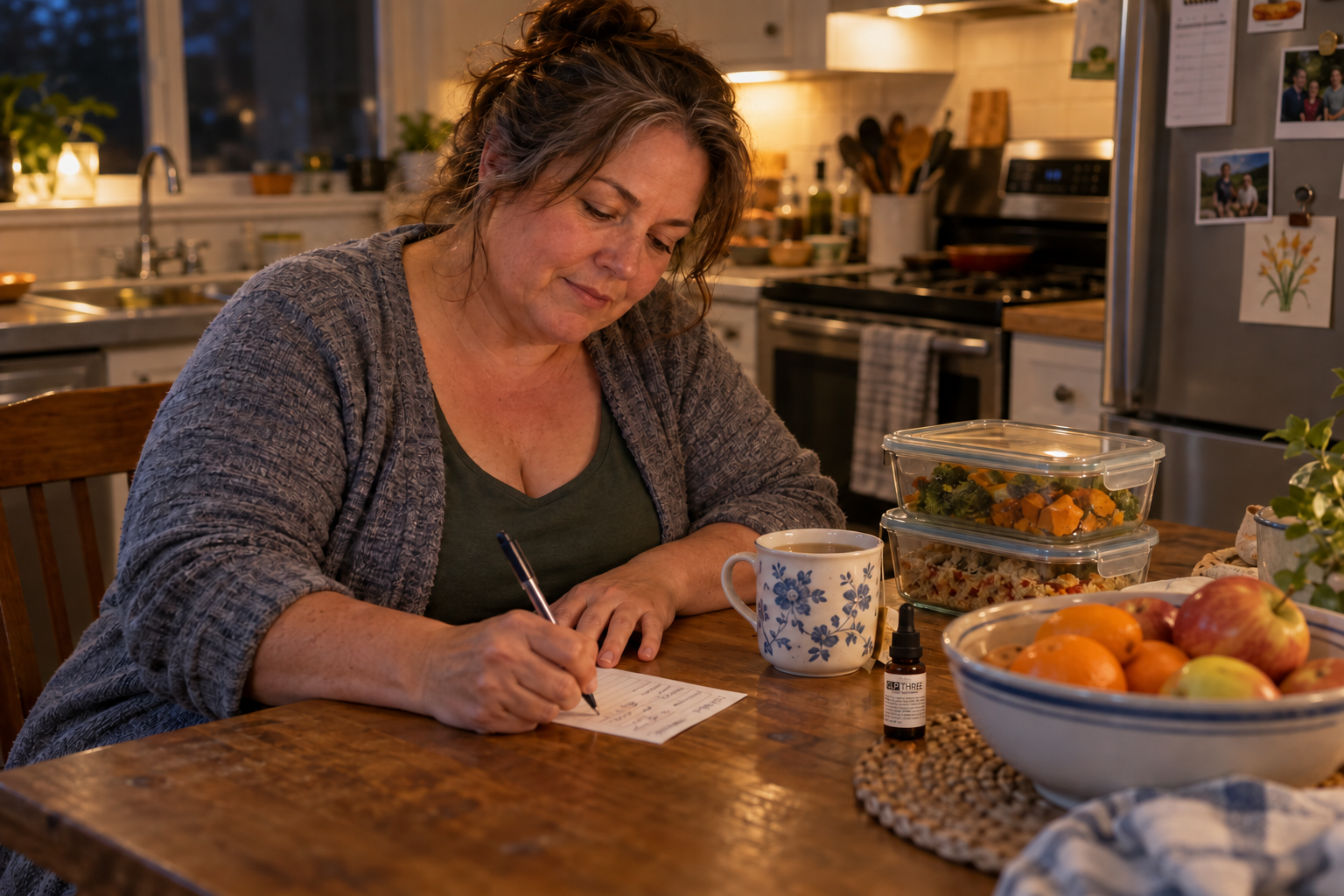 Woman planning a simple weekly meal prep grocery list for weight loss at her kitchen table in the evening