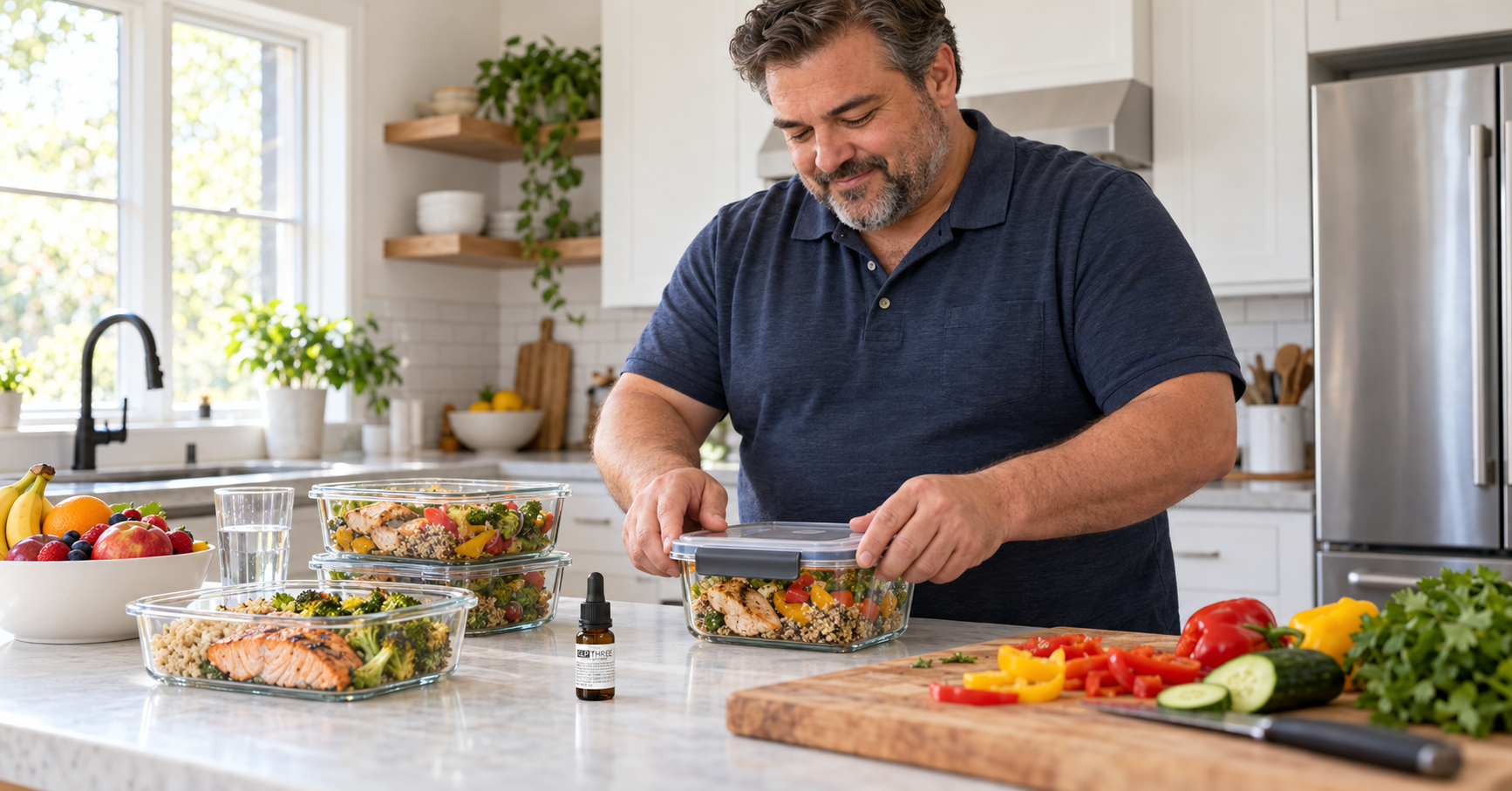 Man packing healthy meal prep containers for weight loss in his kitchen with a GLP THREE dropper bottle on the counter