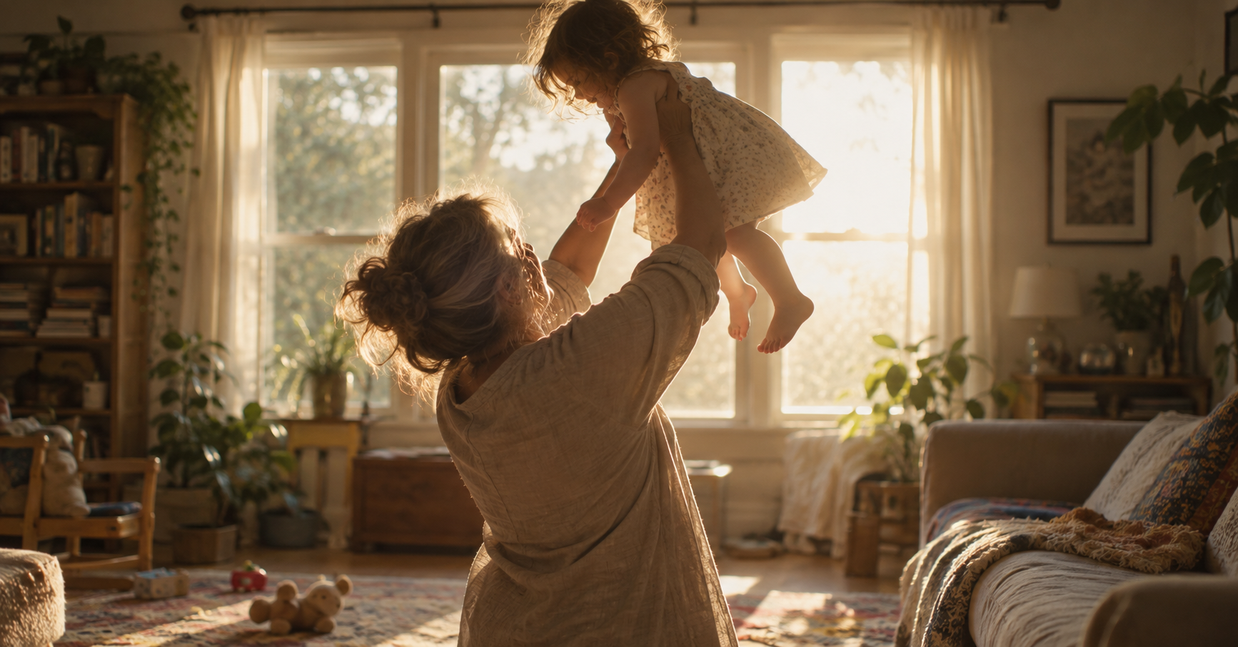 Grandmother lifting her toddler granddaughter overhead in front of a bright living room window after frozen shoulder recovery