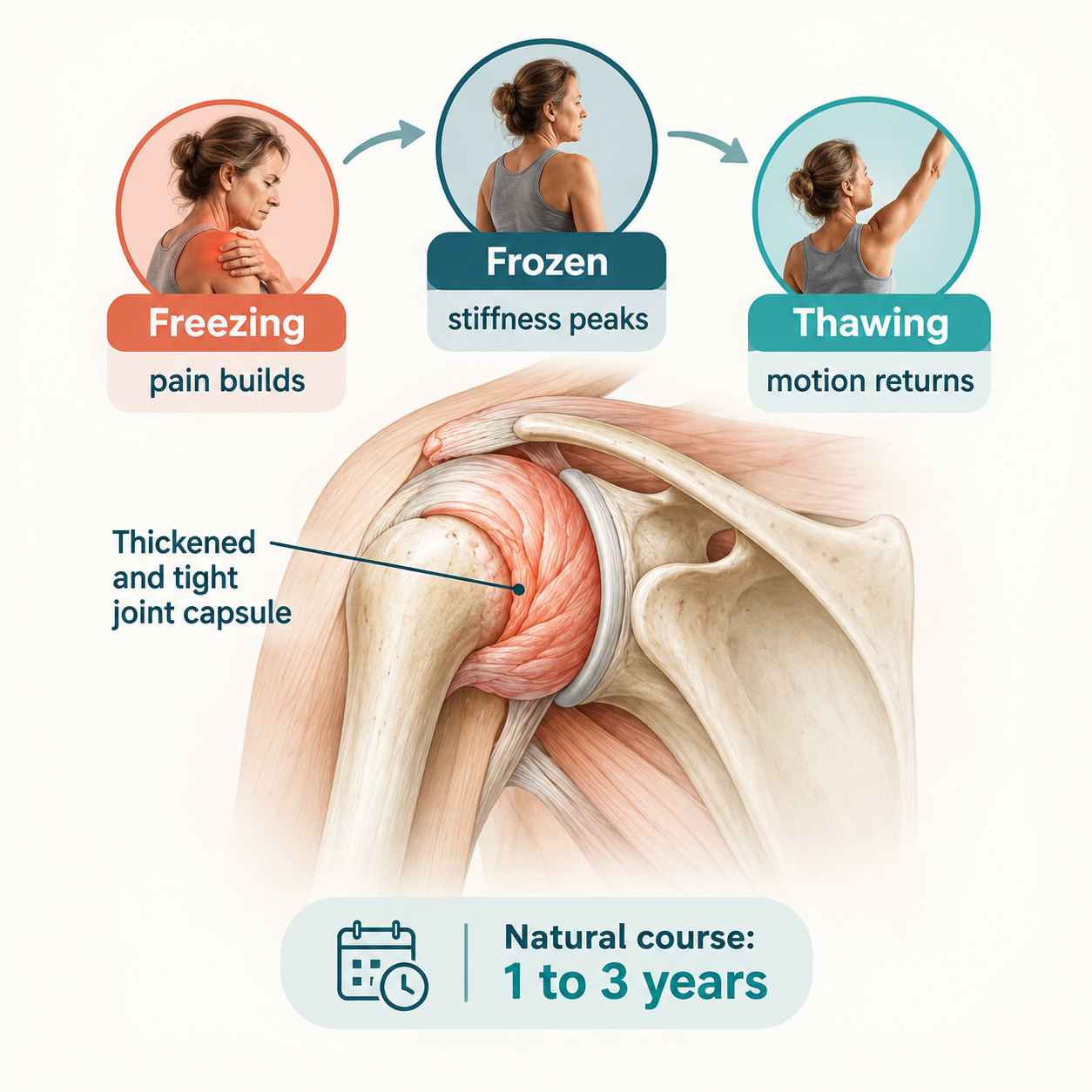 Infographic showing the three phases of frozen shoulder, freezing, frozen, and thawing, with an illustration of an inflamed and tightened shoulder joint capsule