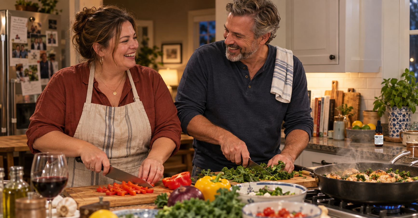 Two friends of different body sizes preparing a healthy dinner together in a home kitchen as part of their non-prescription weight loss routine Two friends of different body sizes preparing a healthy dinner together in a home kitchen as part of their non-prescription weight loss routine